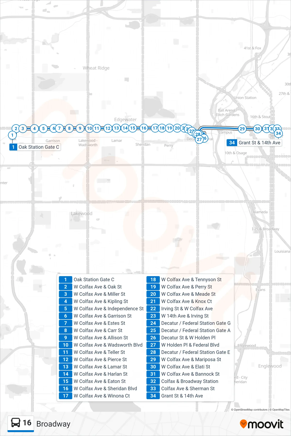 16 bus Line (Broadway) route and stops on a map