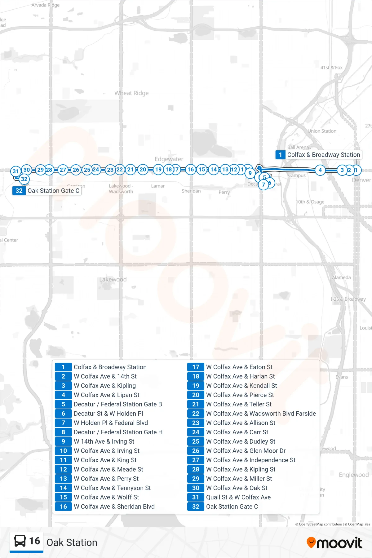 16 bus Line (Oak Station) route and stops on a map