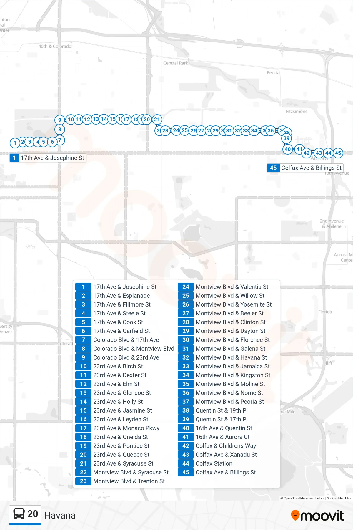 20 bus Line (Havana) route and stops on a map