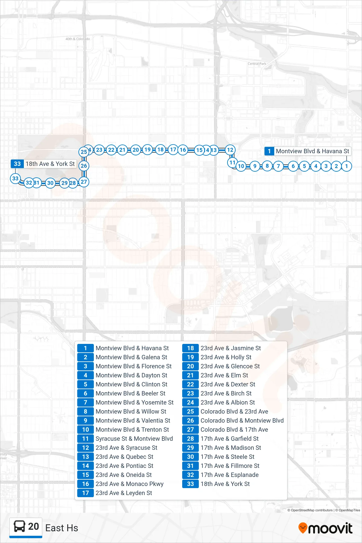 20 bus Line (East Hs) route and stops on a map