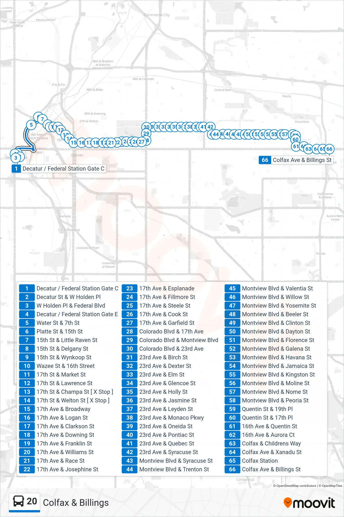 20 bus Line (Colfax & Billings) route and stops on a map