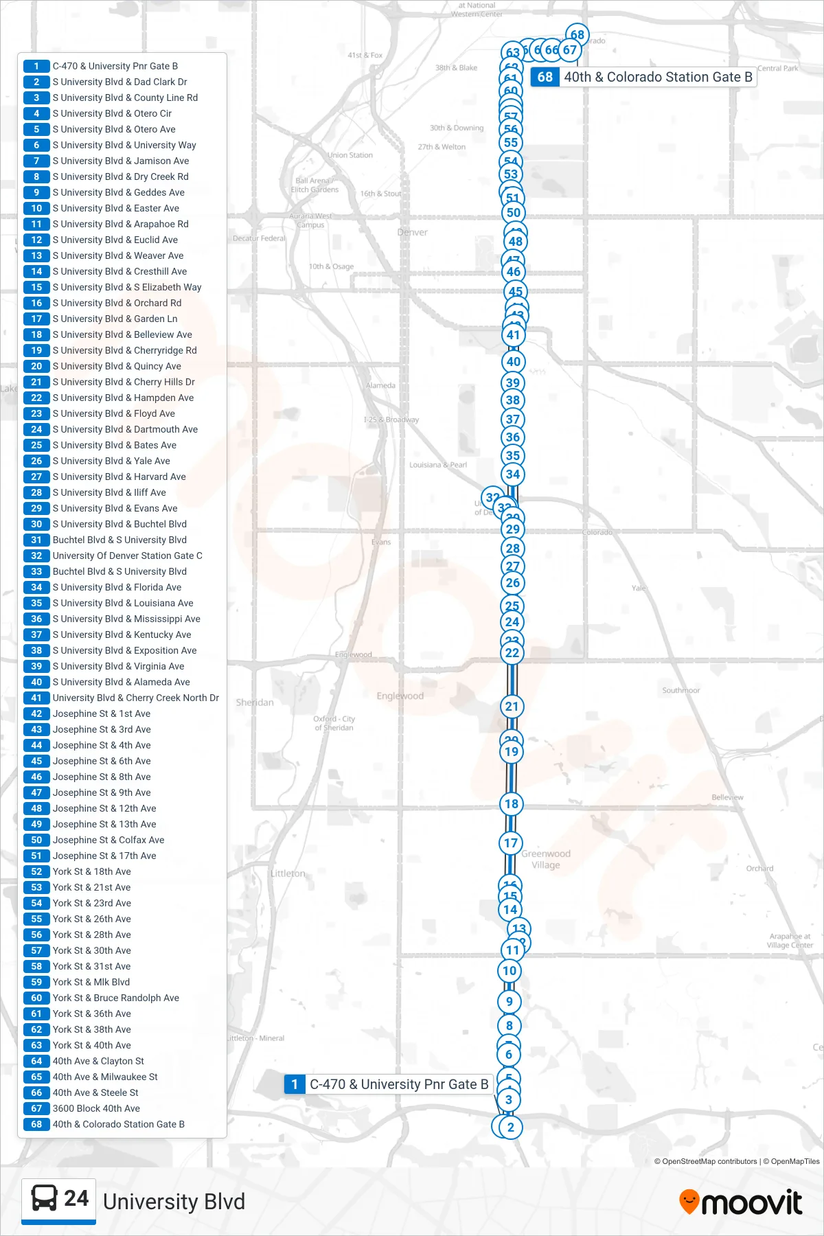 24 bus Line (40th & Colorado Stn Via University) route and stops on a map