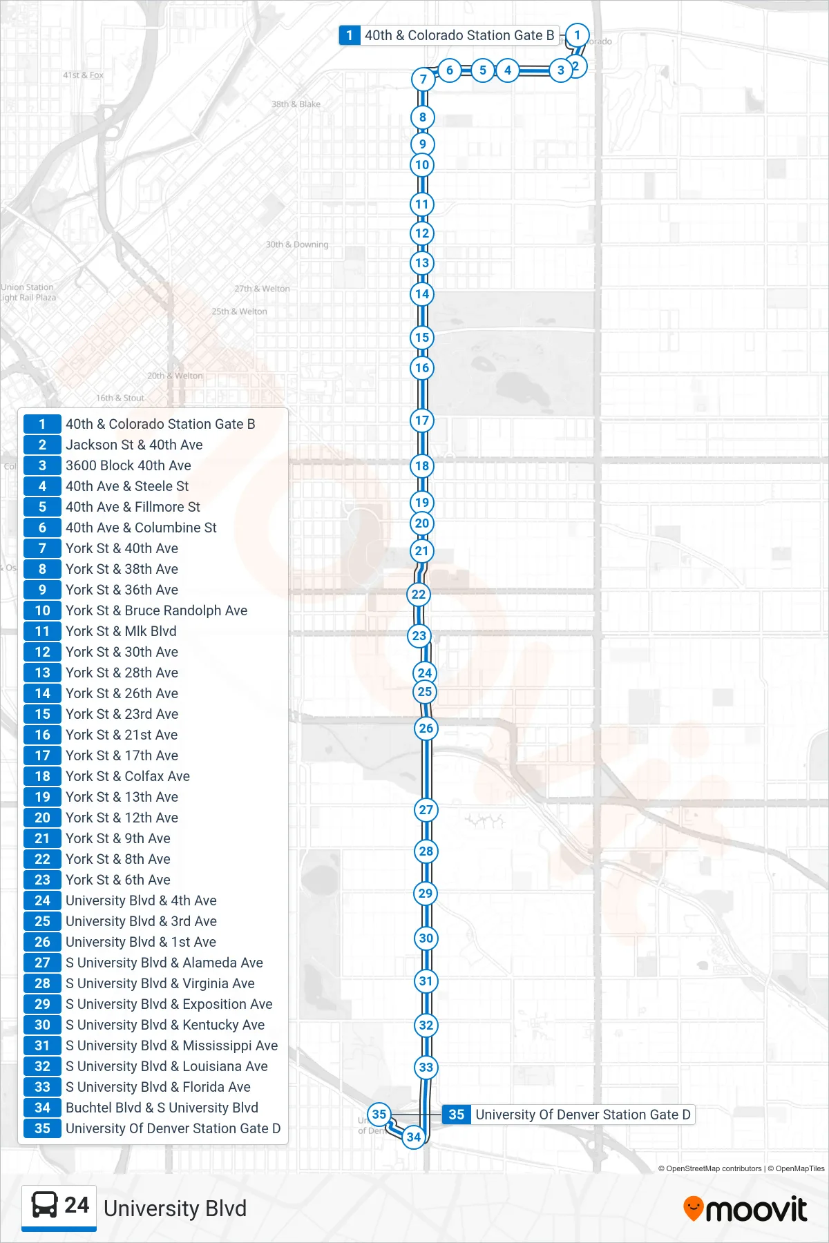24 bus Line (Denver University Stn) route and stops on a map