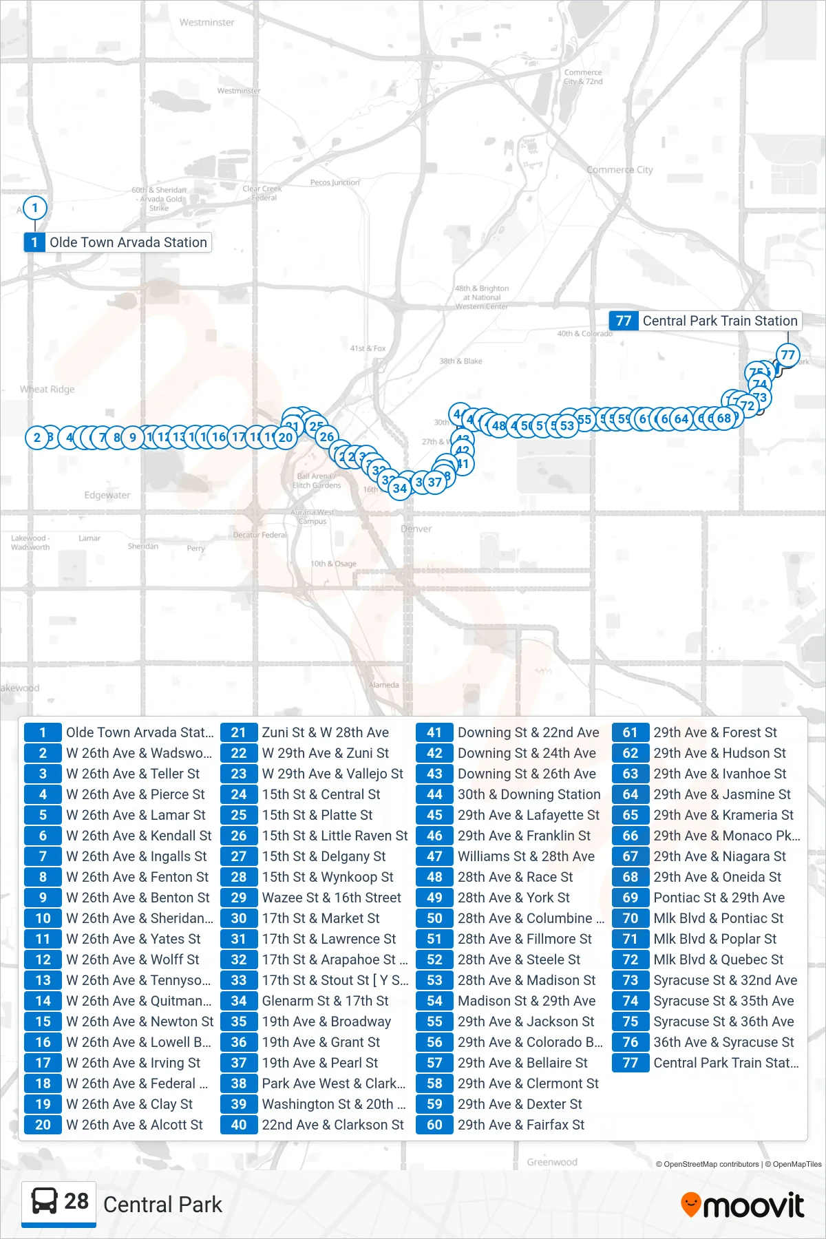 28 bus Line (Central Park) route and stops on a map
