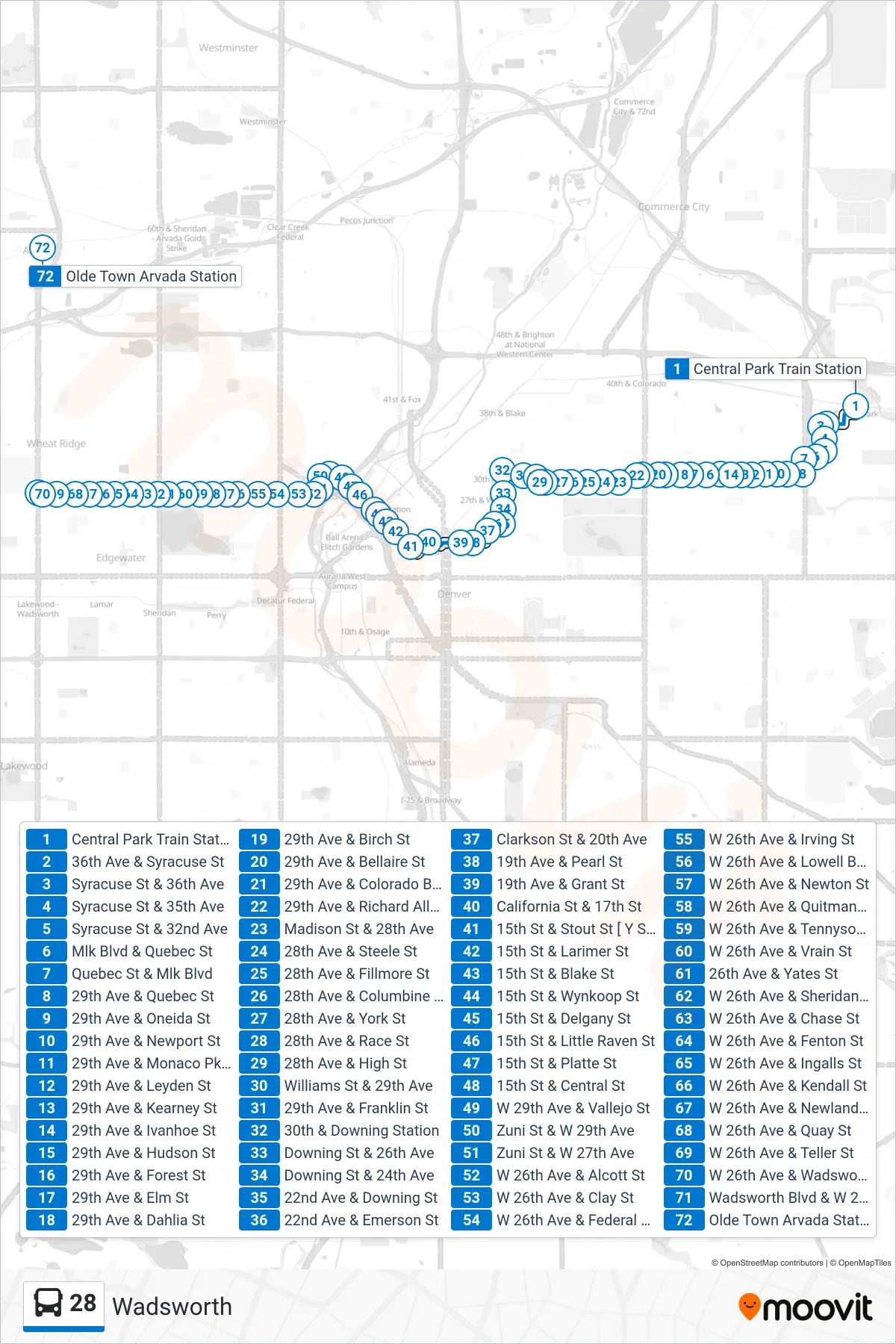 28 bus Line (Wadsworth) route and stops on a map