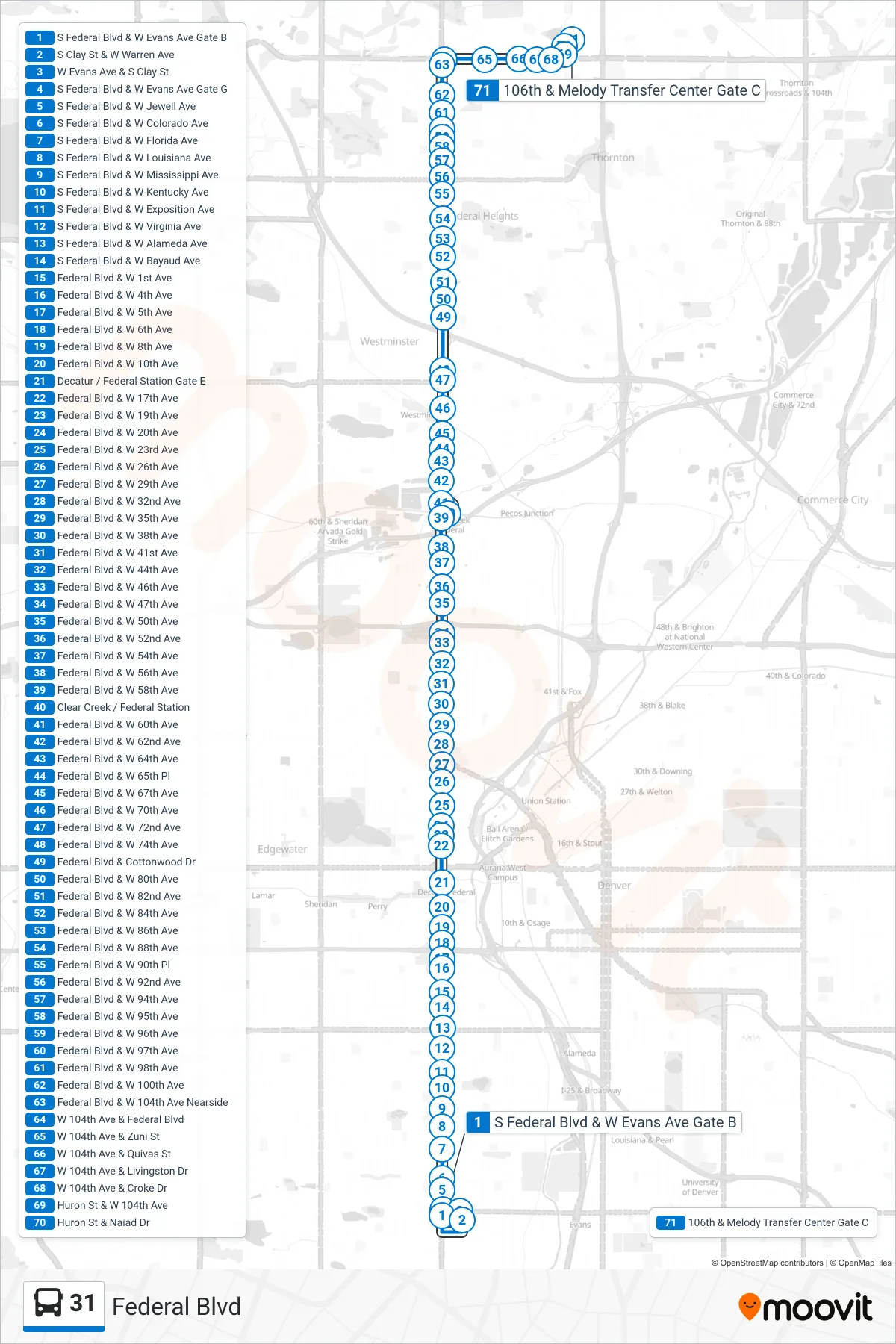 31 bus Line (106th&Melody) route and stops on a map