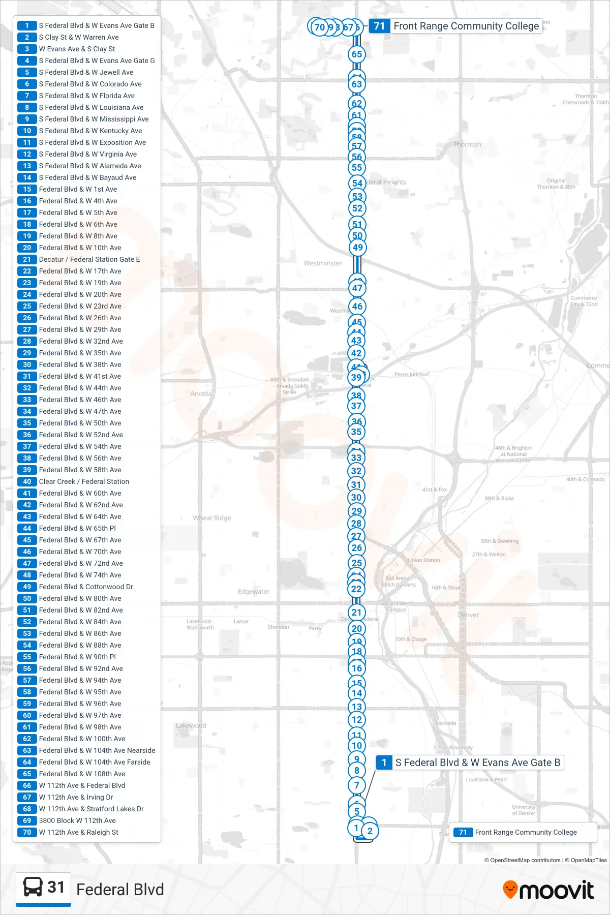 31 bus Line (Front Range Community College) route and stops on a map