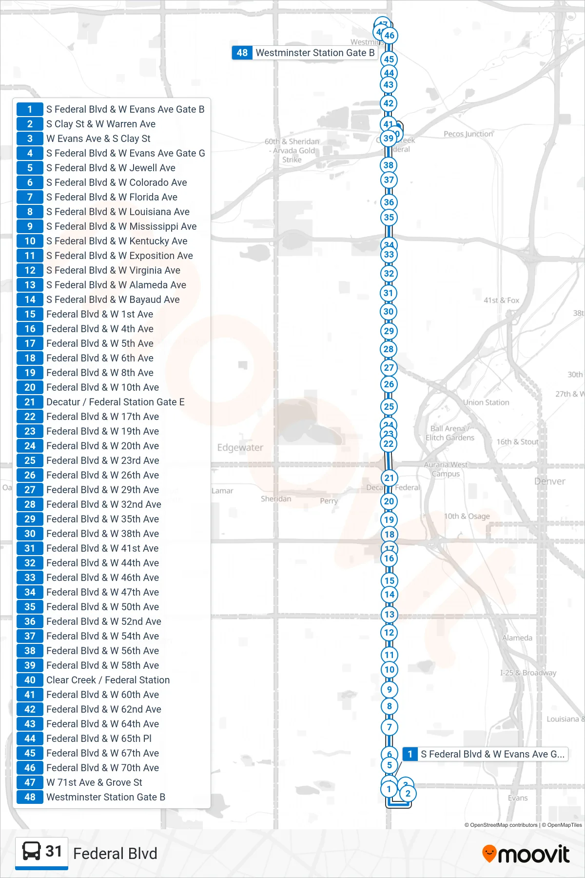 31 bus Line (Westminster Stn / 71st Ave) route and stops on a map