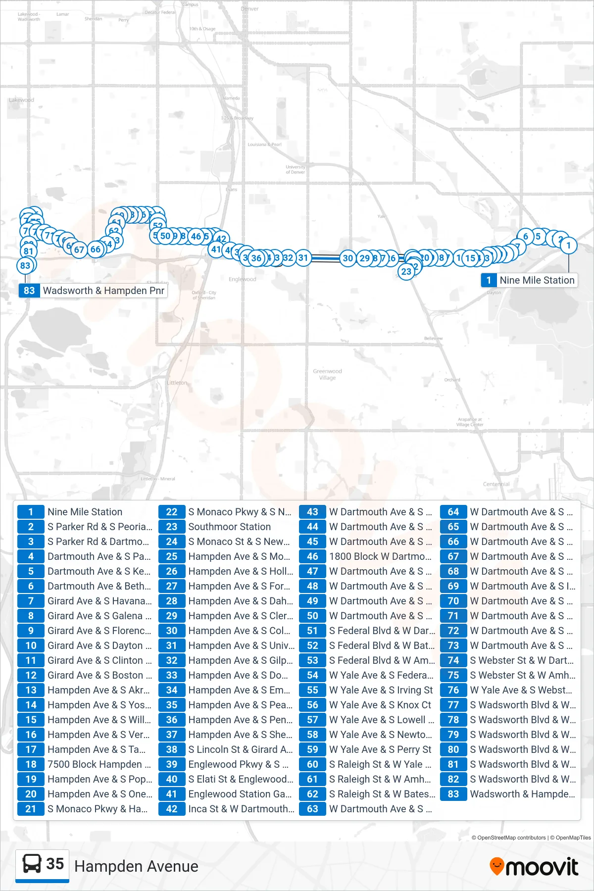 35 bus Line (Wads/Hampden Pnr) route and stops on a map