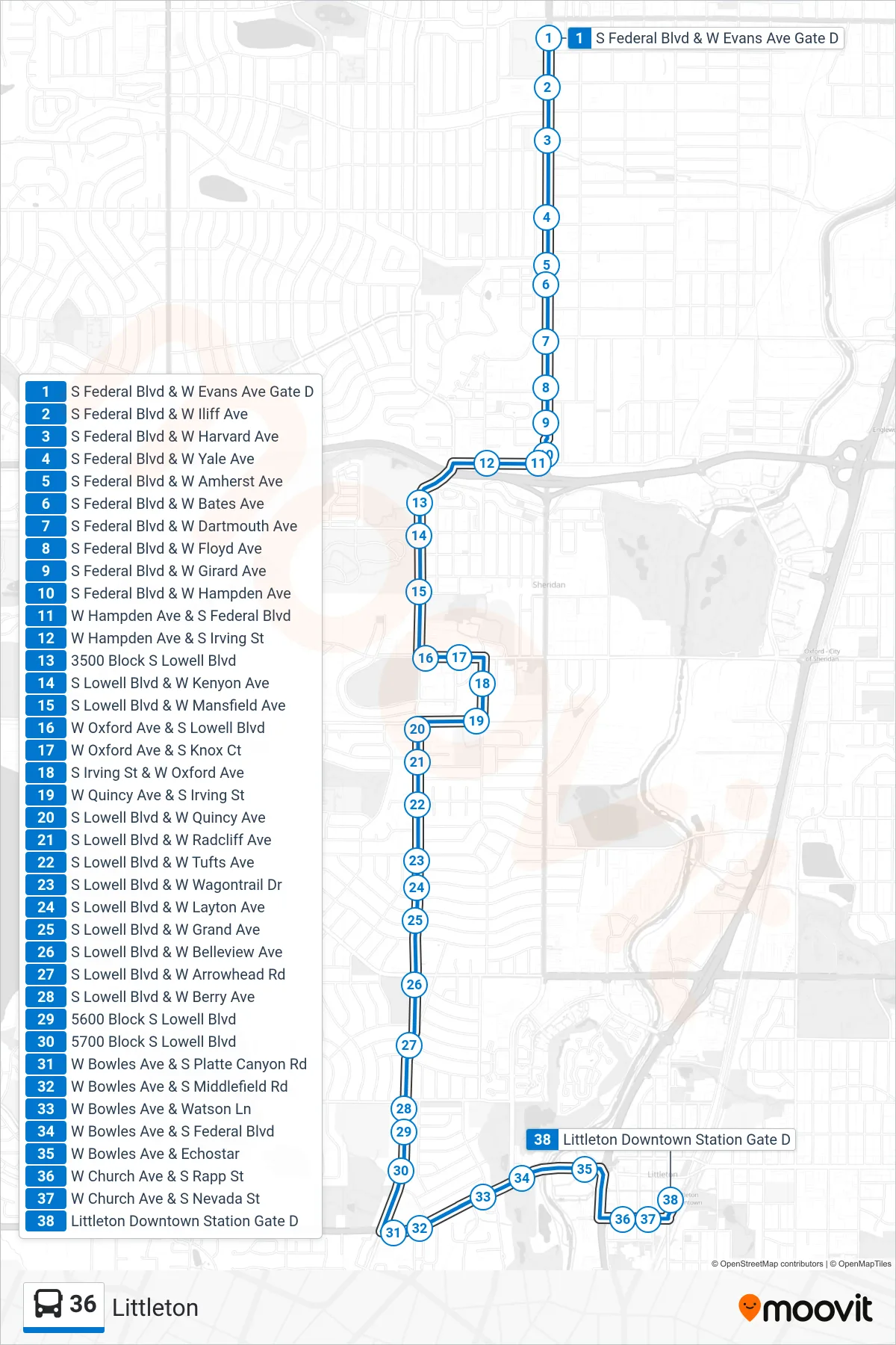 36 bus Line (Littleton) route and stops on a map