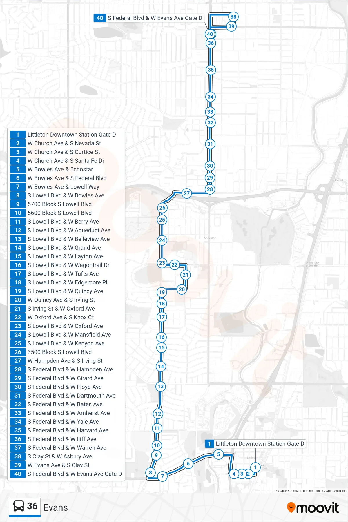 36 bus Line (Evans) route and stops on a map