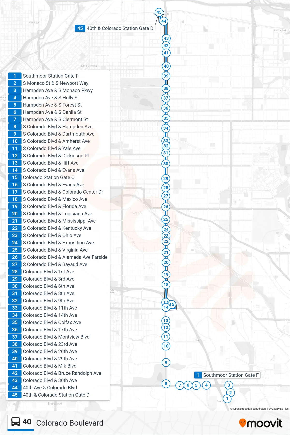 40 bus Line (40th & Colorado Stn Via Colorado Blvd) route and stops on a map