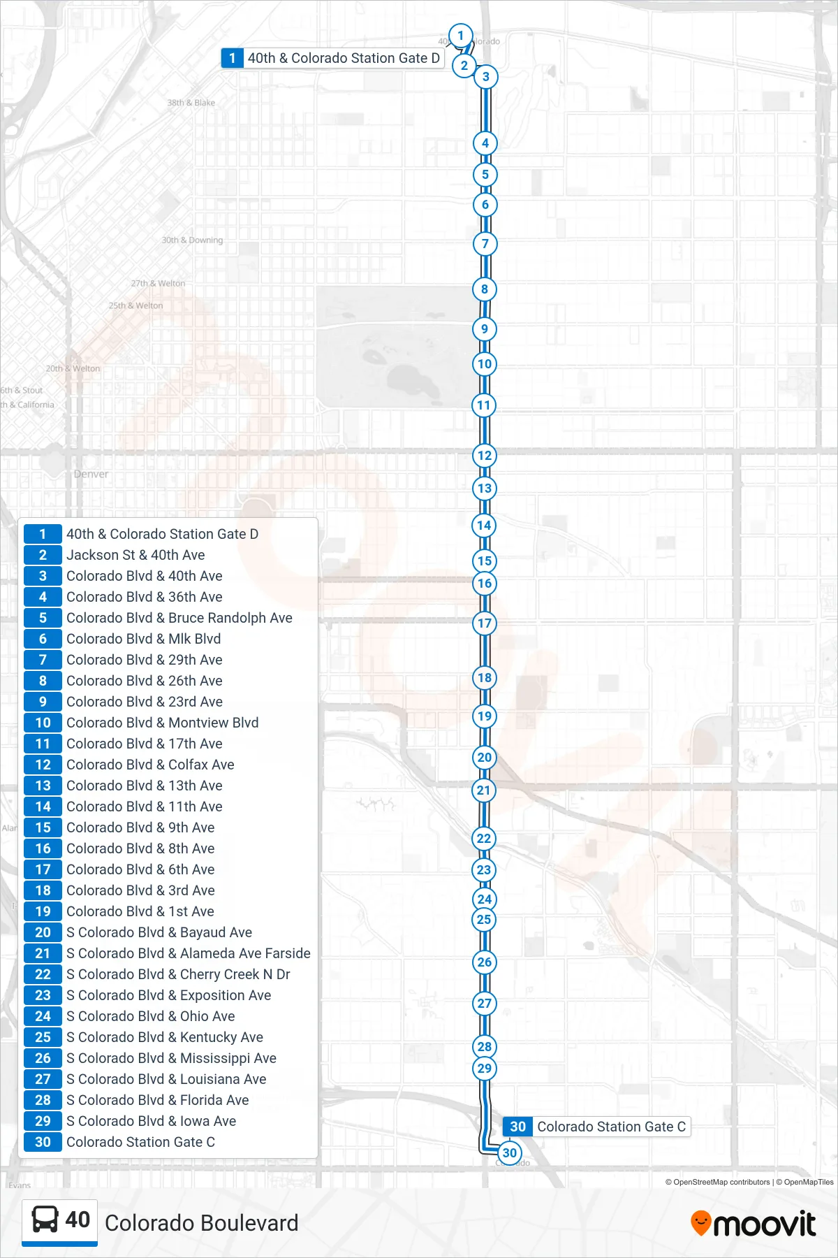 40 bus Line (Colorado Stn) route and stops on a map