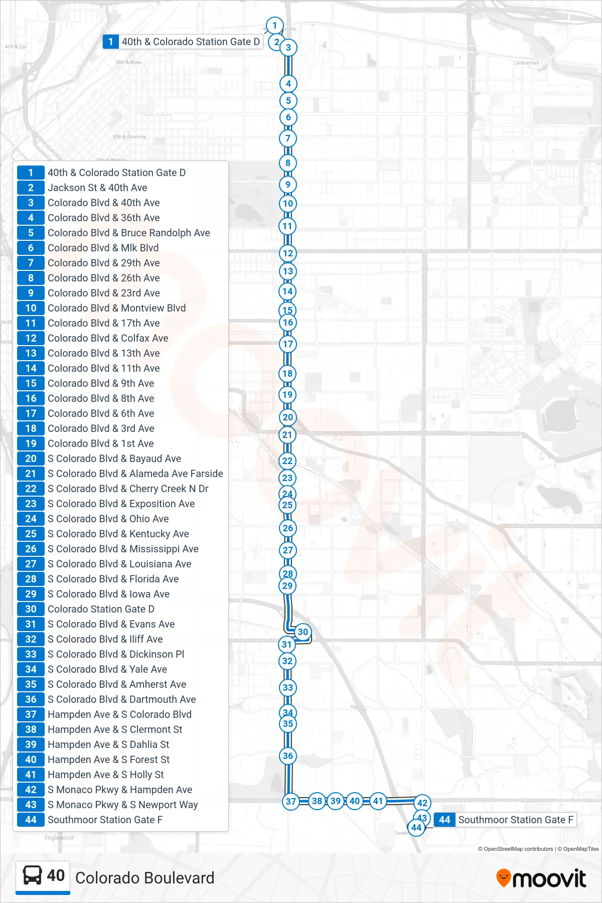40 bus Line (Southmoor Via Colorado Blvd) route and stops on a map
