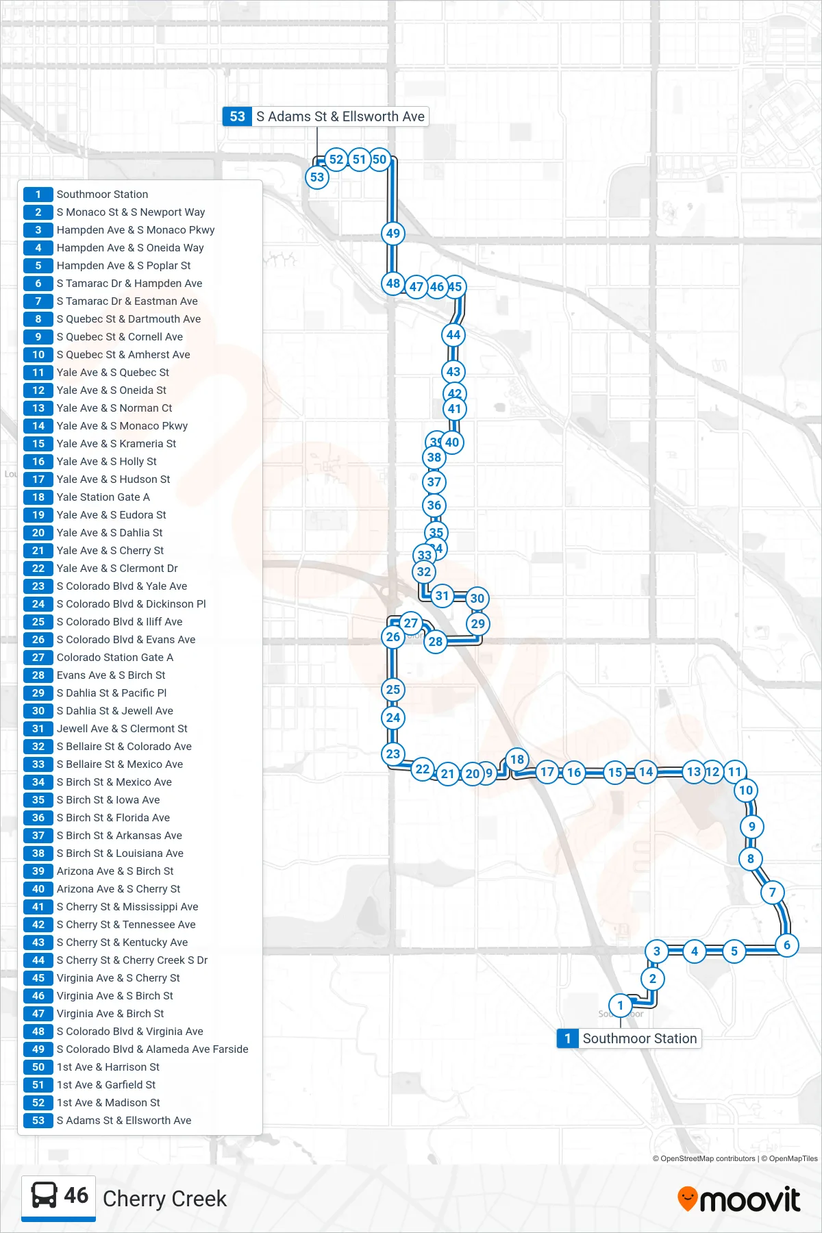 46 bus Line (Cherry Creek) route and stops on a map