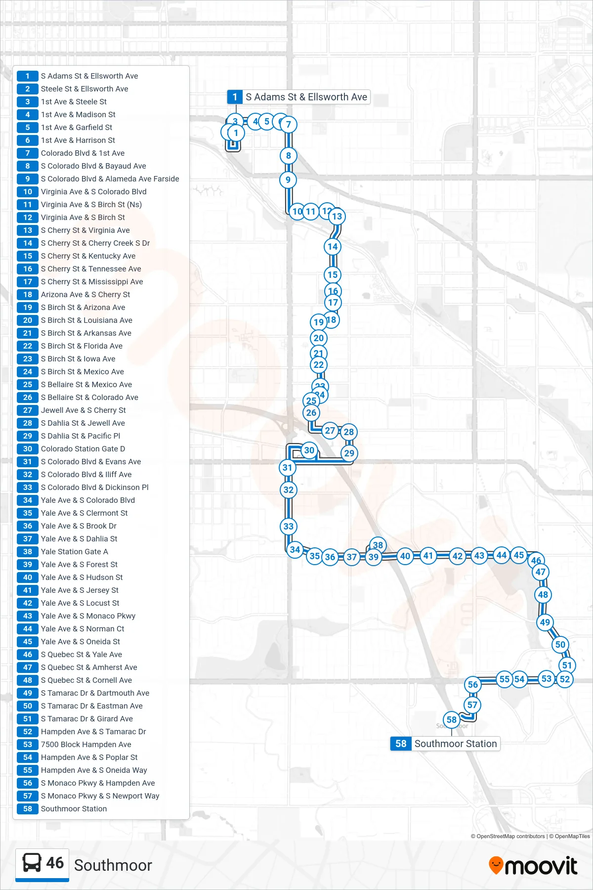 46 bus Line (Southmoor) route and stops on a map