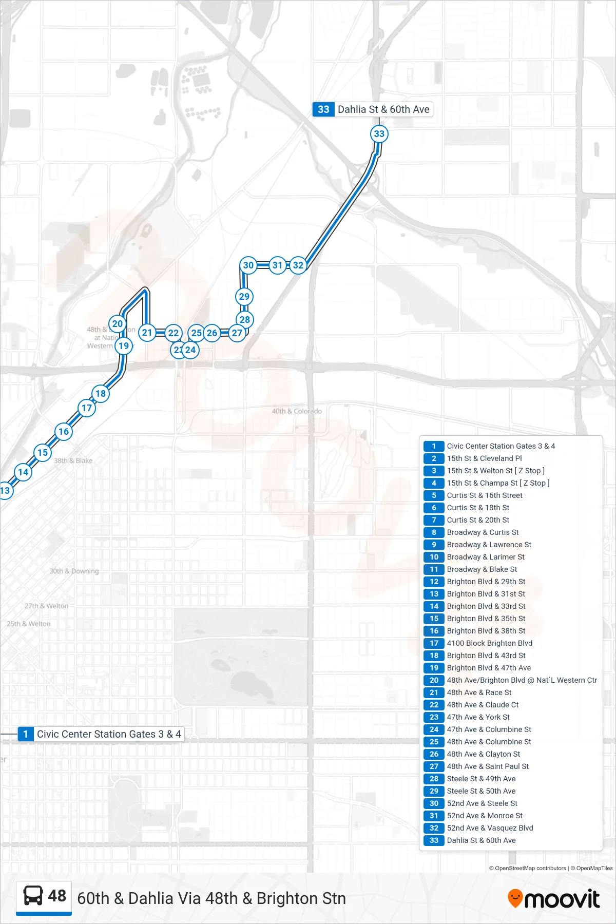 48 bus Line (60th & Dahlia Via 48th & Brighton Stn) route and stops on a map