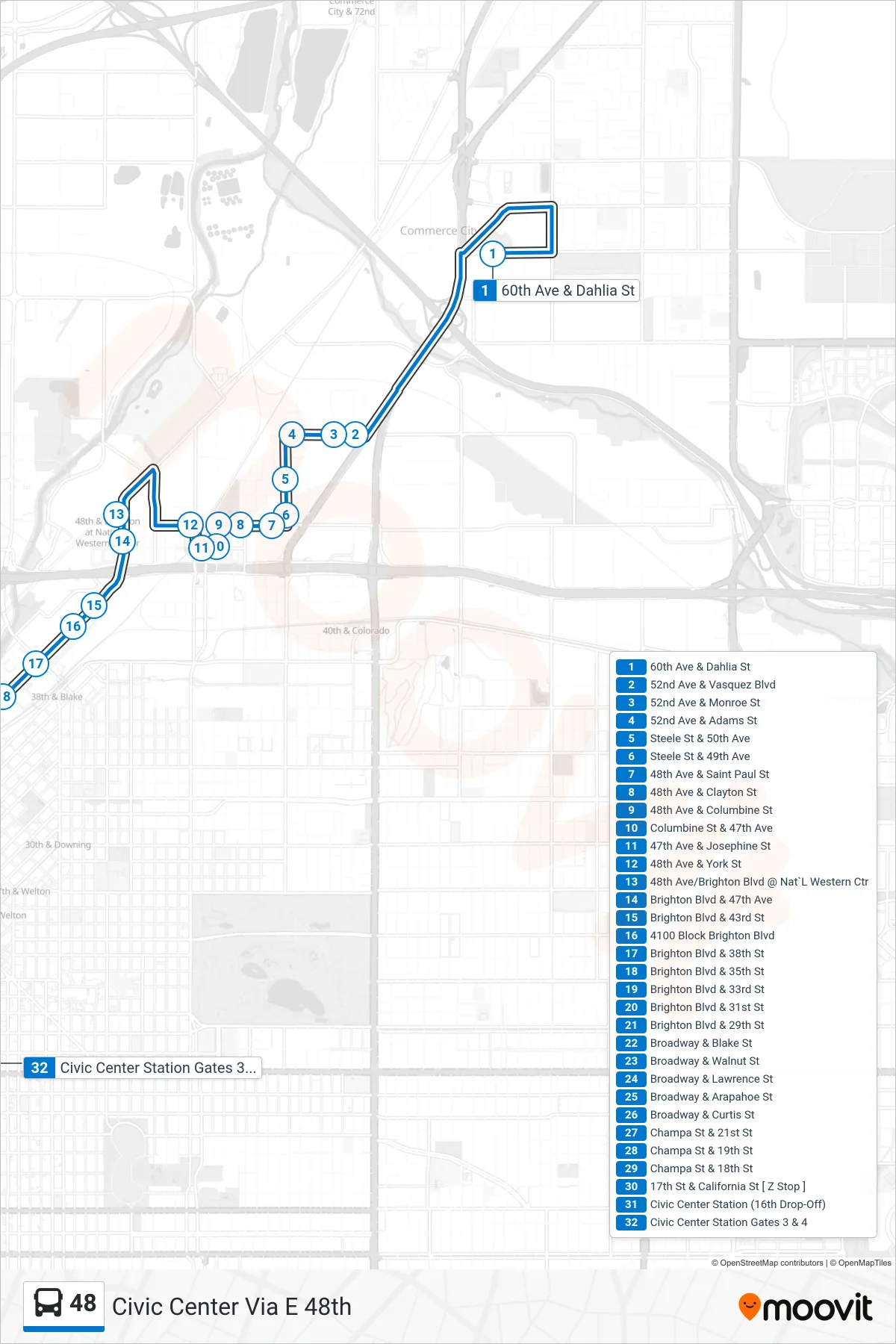 48 bus Line (Civic Center Via  E 48th) route and stops on a map