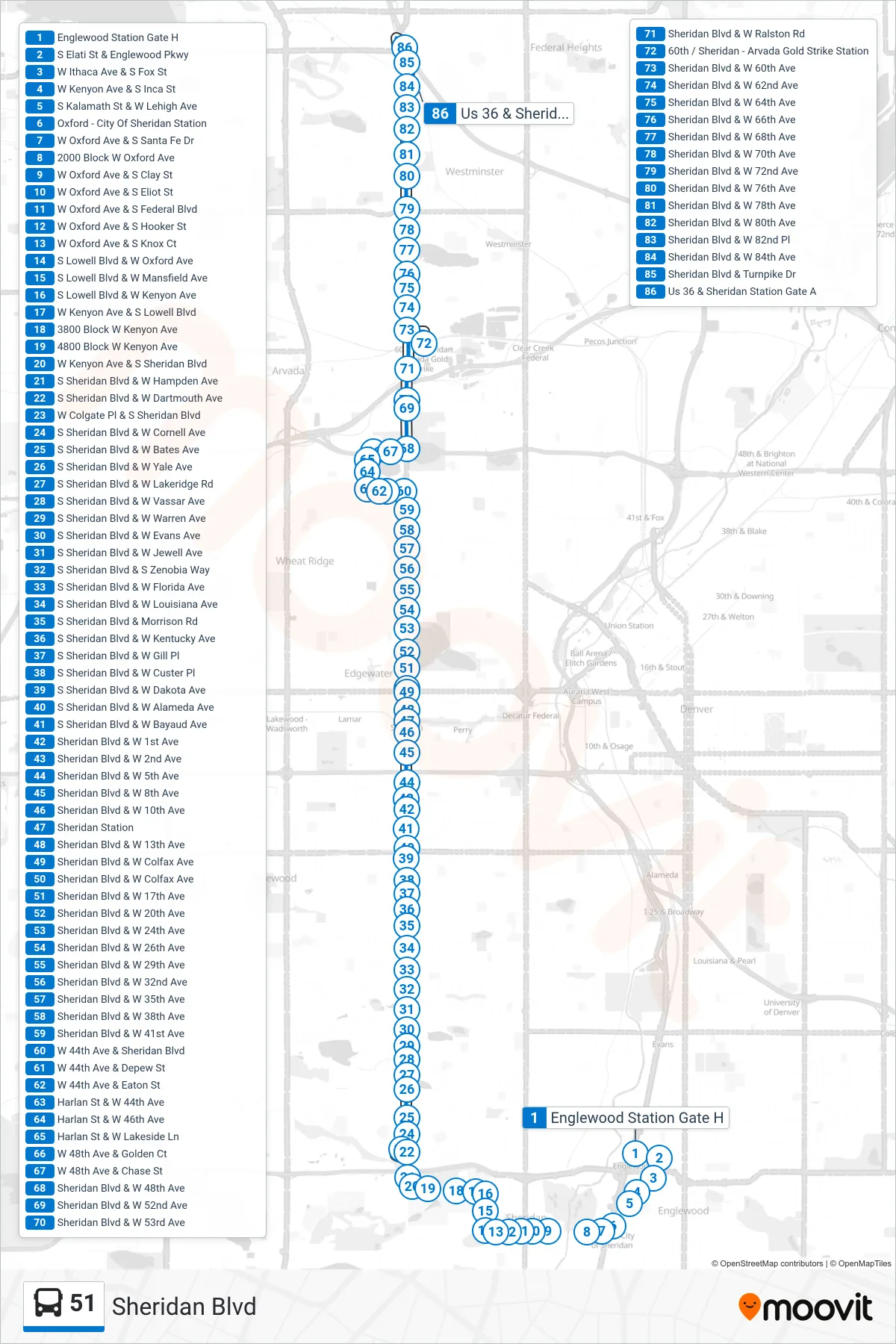 51 bus Line (Us36 & Sheridan) route and stops on a map