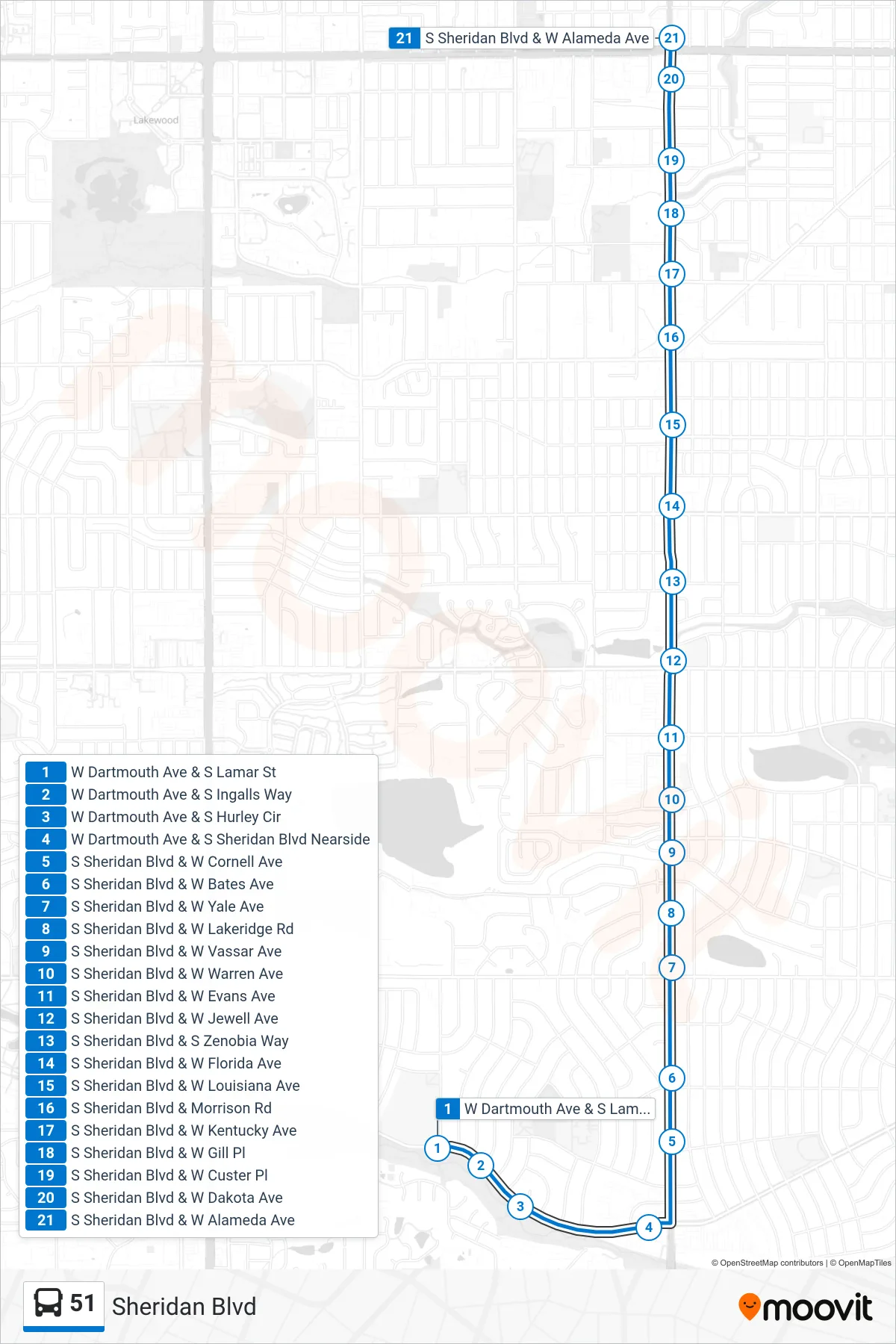 51 bus Line (Alameda) route and stops on a map