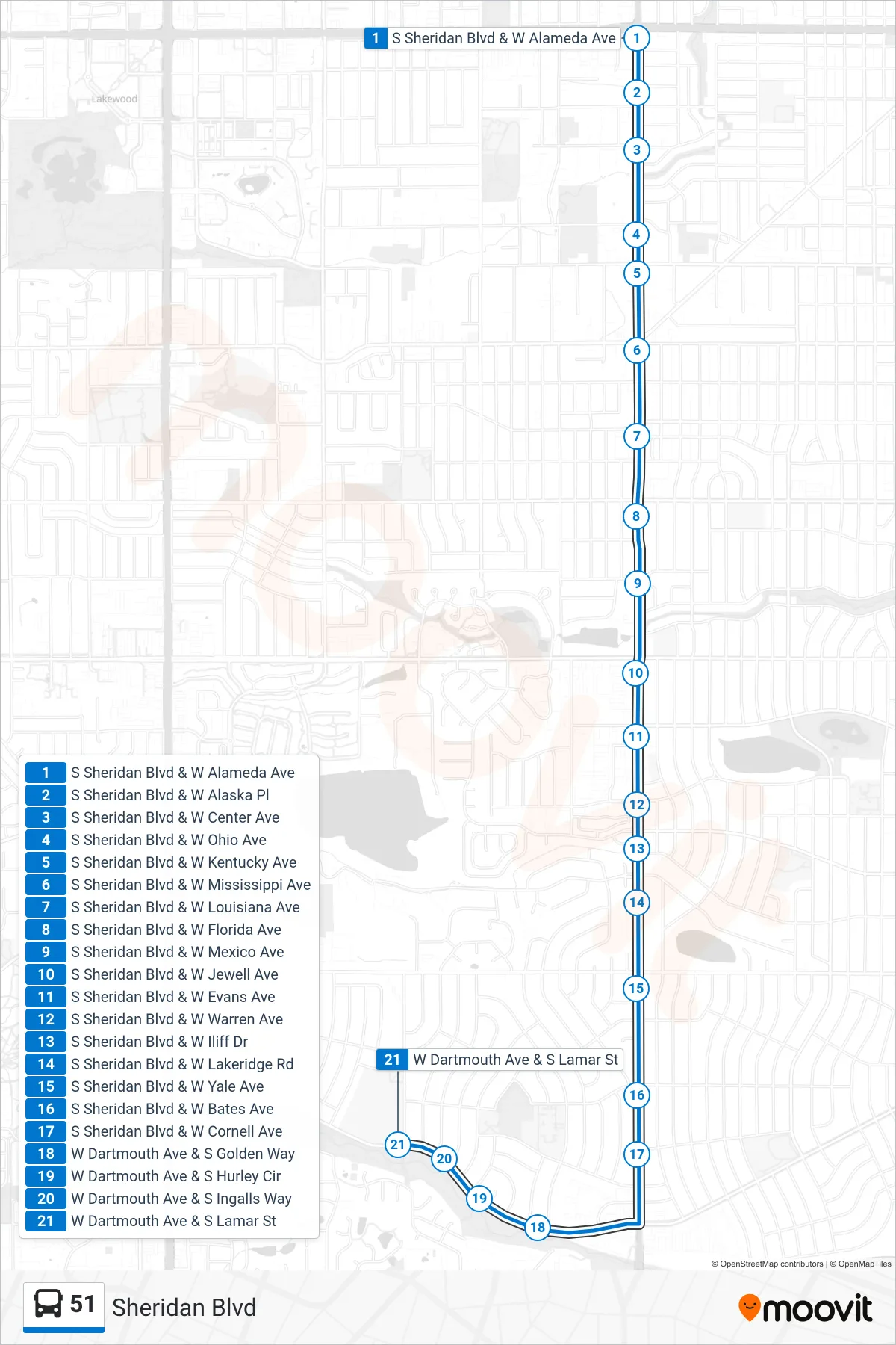 51 bus Line (Kennedy High School) route and stops on a map