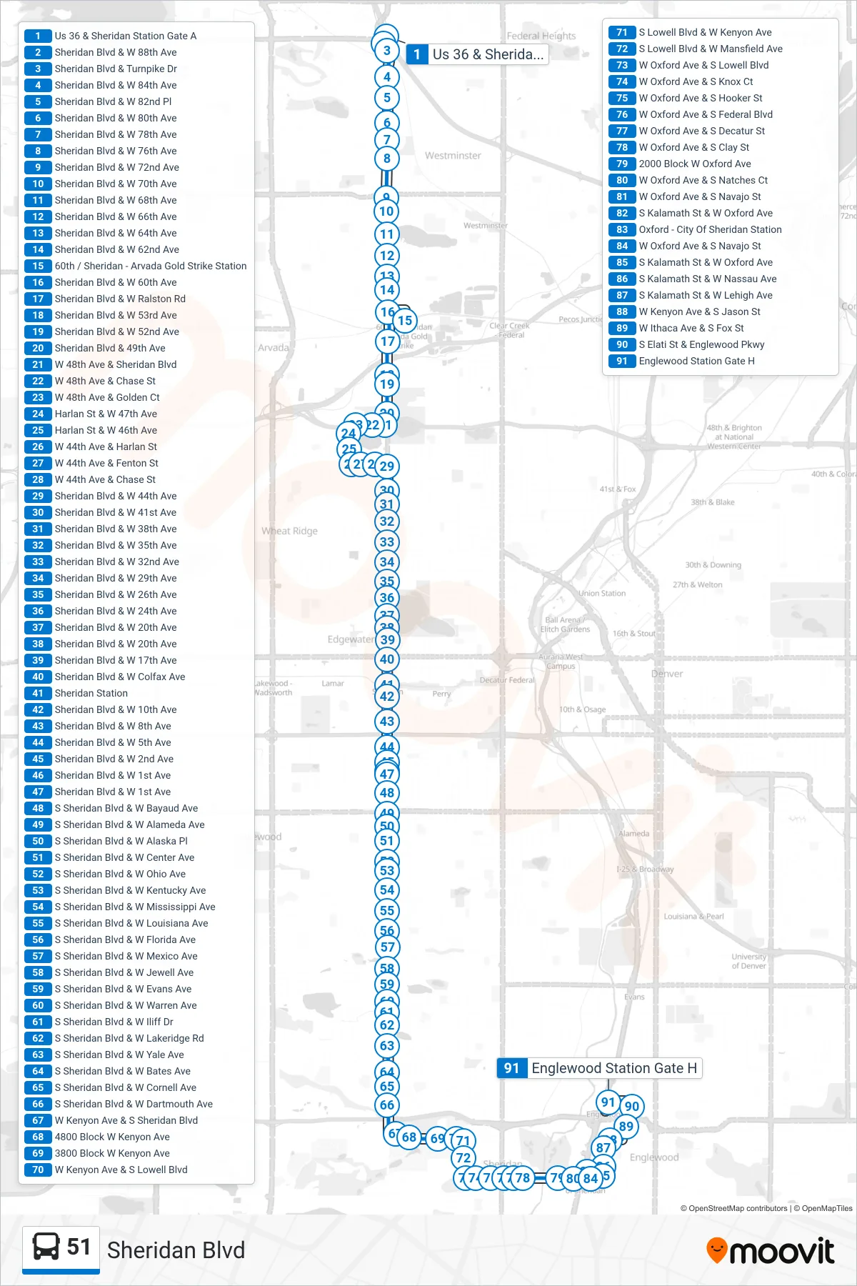 51 bus Line (Englewood Stn) route and stops on a map