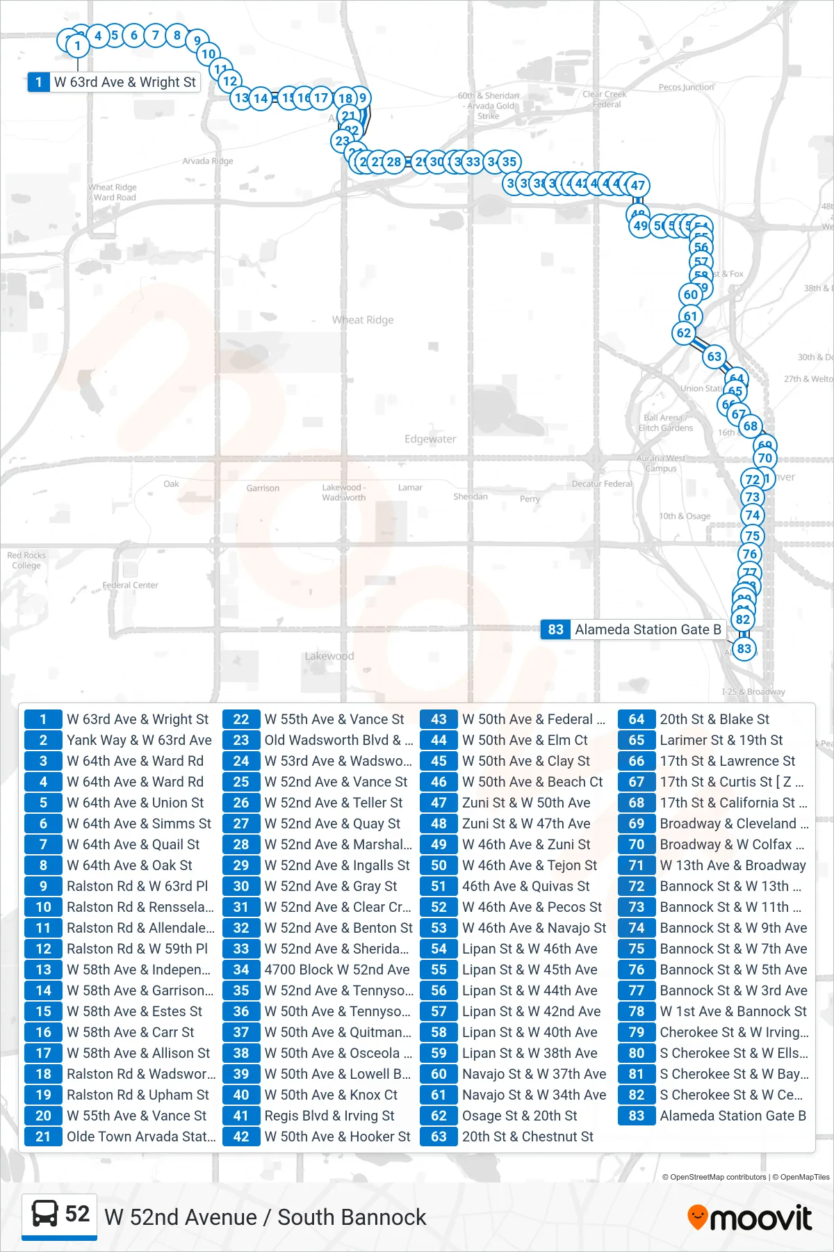 52 bus Line (Alameda Stn) route and stops on a map