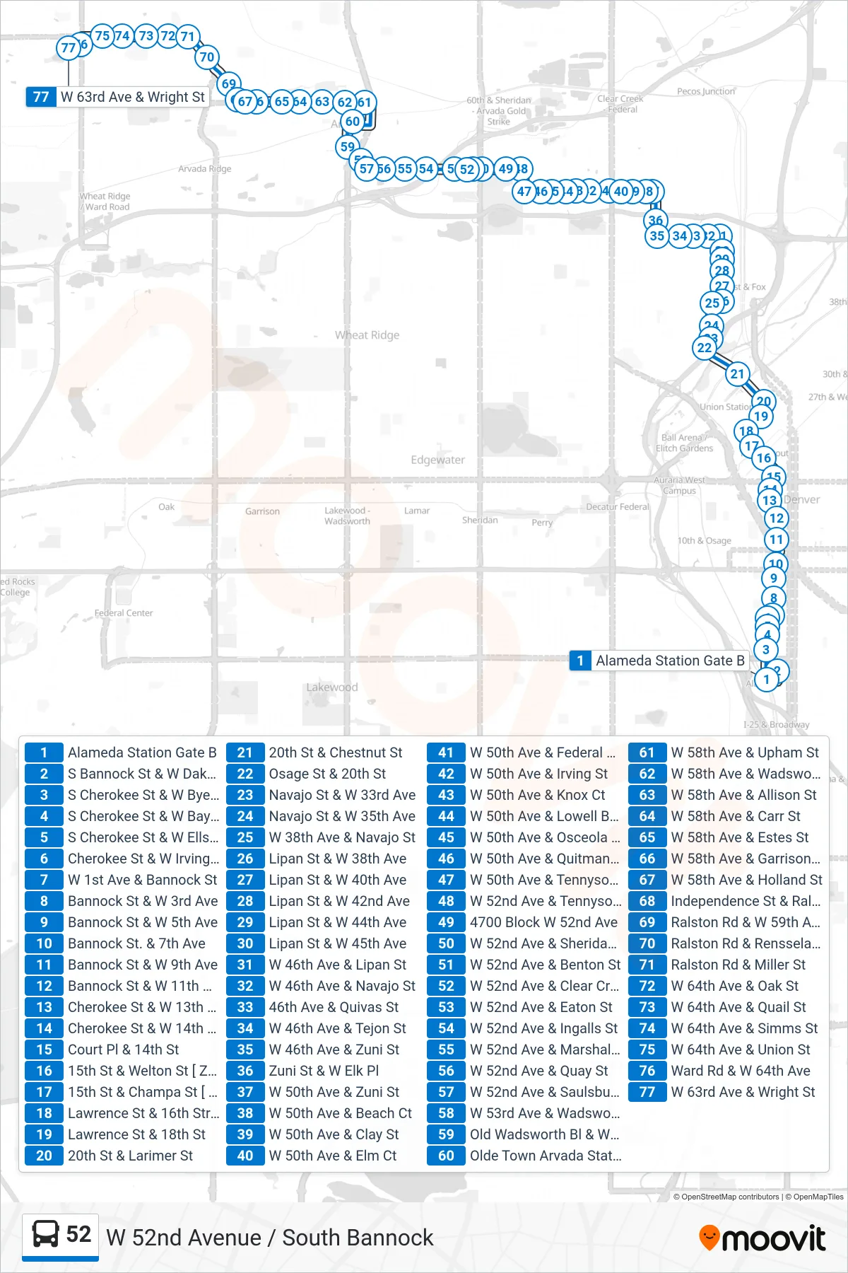 52 bus Line (Ward & 64th) route and stops on a map