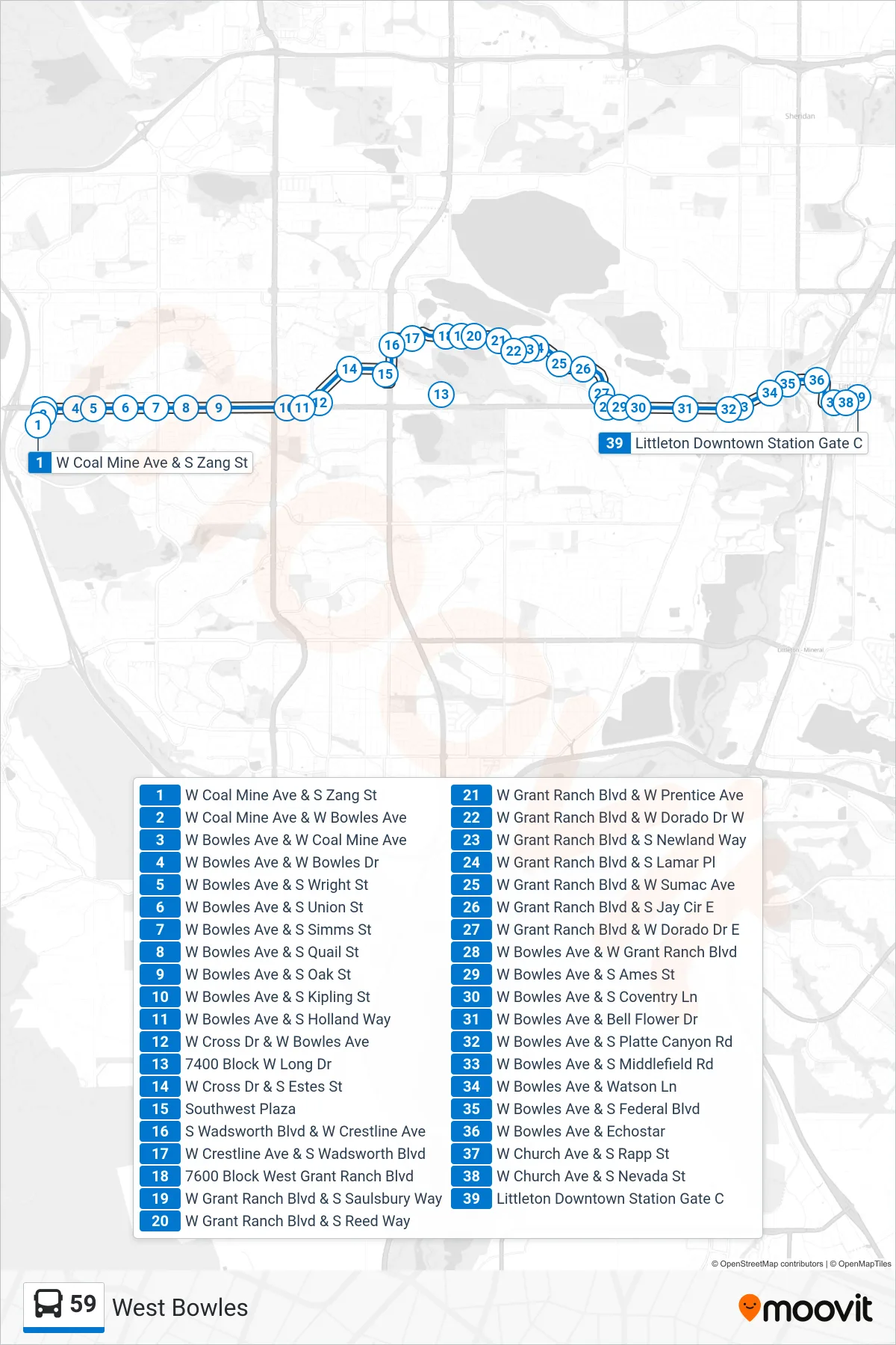 59 bus Line (Littleton Station) route and stops on a map