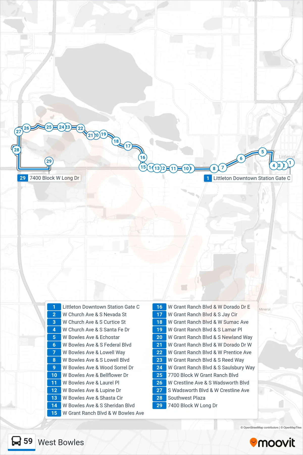 59 bus Line (Long/Bowles) route and stops on a map