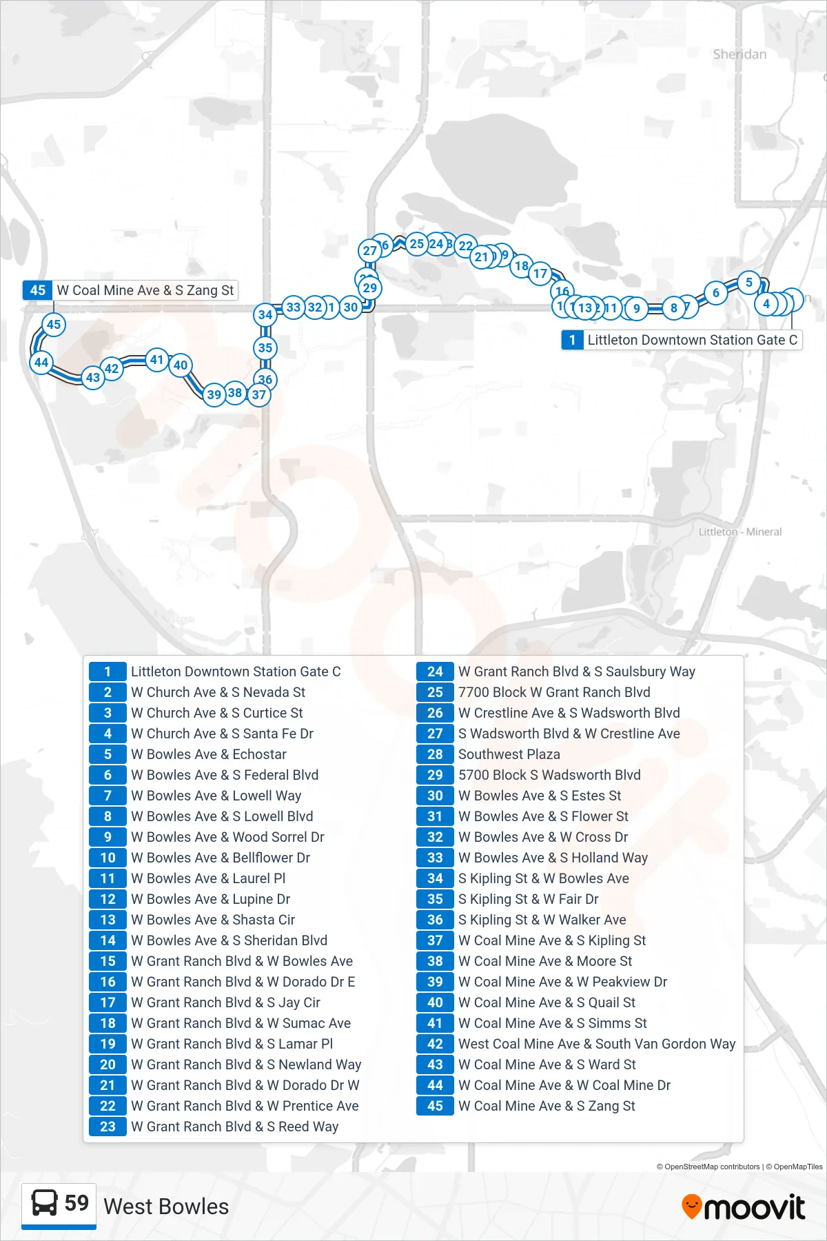 59 bus Line (Coal Mine/Bowles) route and stops on a map