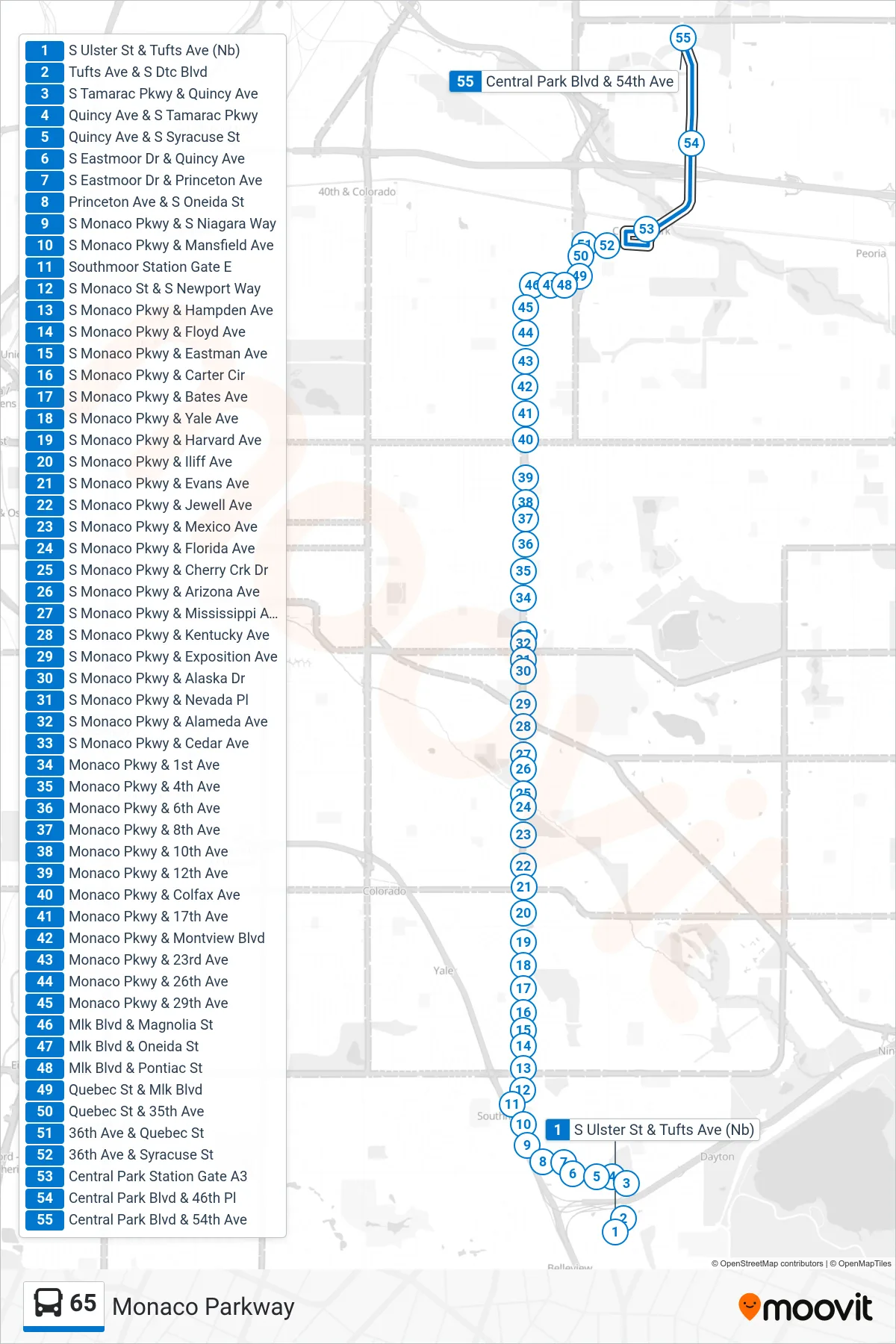 65 bus Line (56th Ave) route and stops on a map