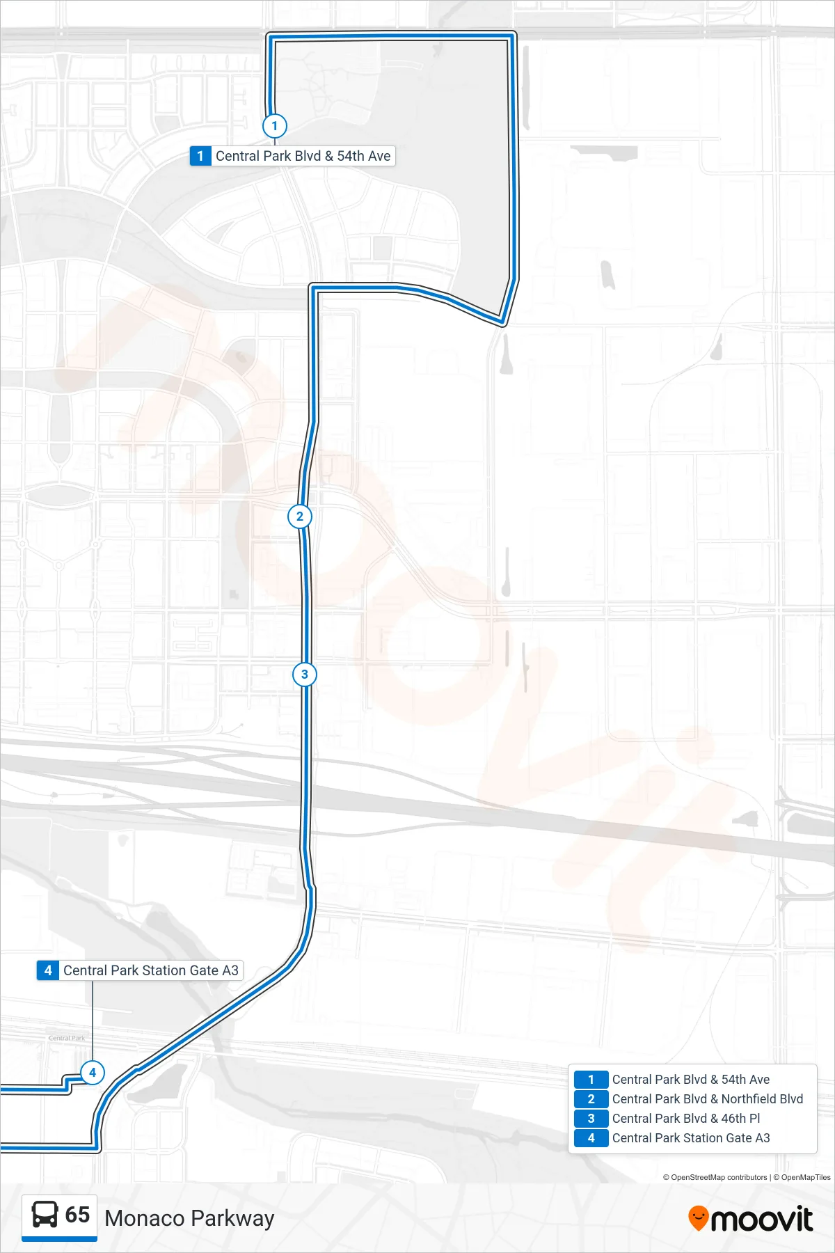 65 bus Line (Central Park Stn) route and stops on a map
