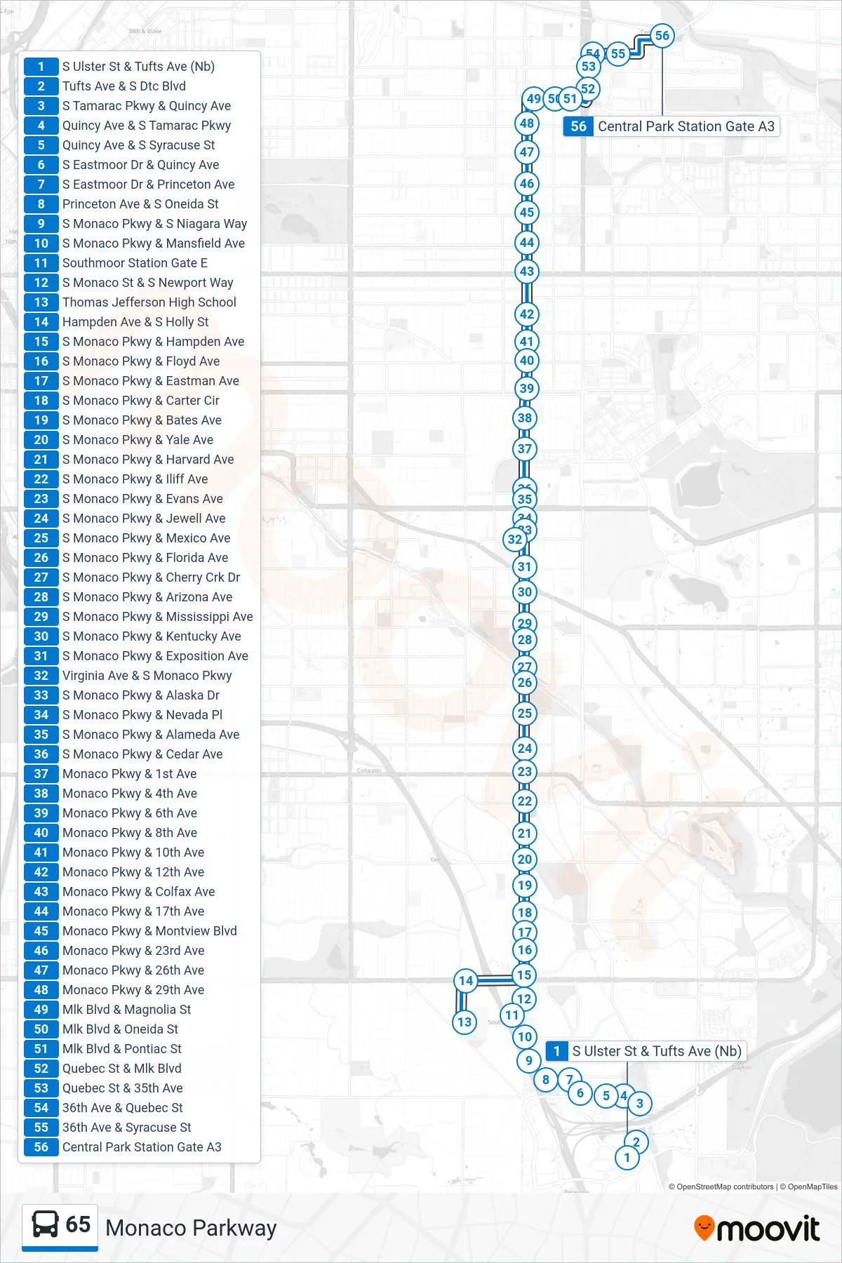 65 bus Line (Central Park Via Monaco) route and stops on a map