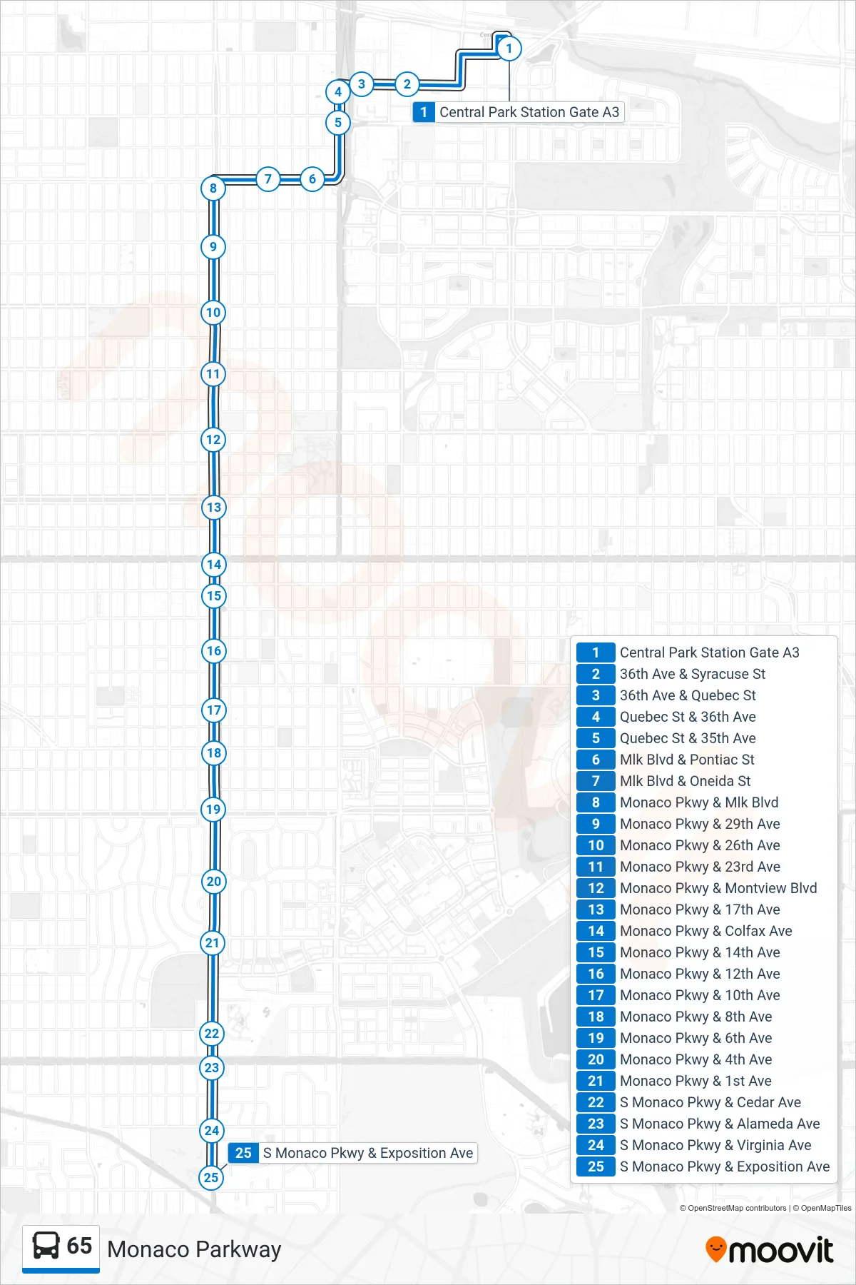 65 bus Line (Exposition) route and stops on a map