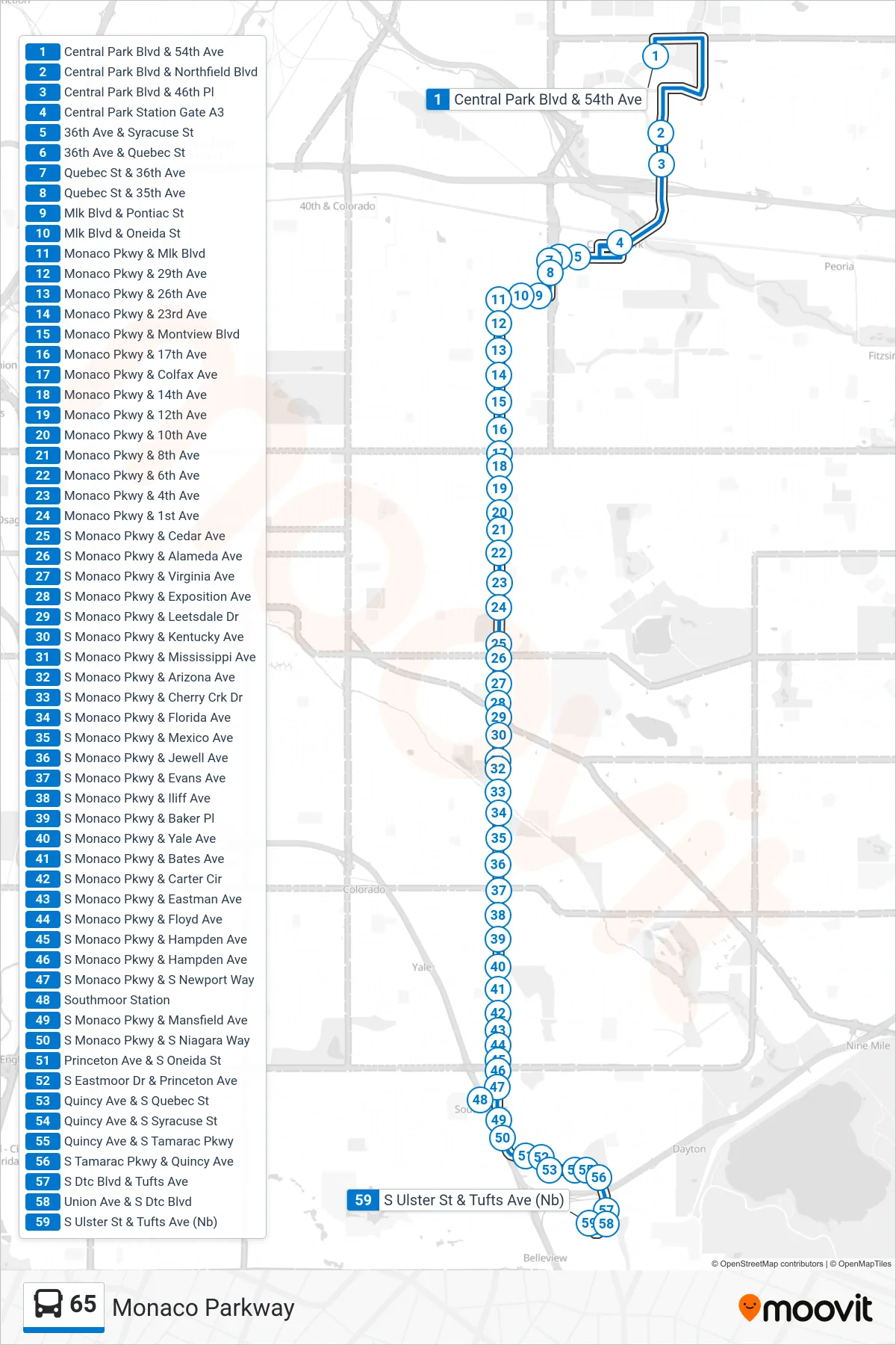 65 bus Line (Dtc Via Monaco) route and stops on a map
