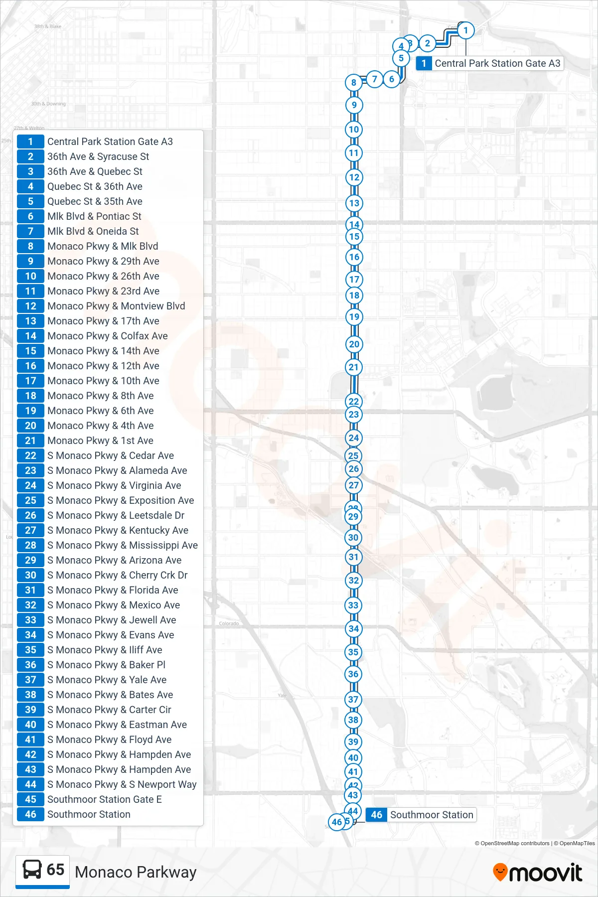 65 bus Line (Southmoor Via Monaco) route and stops on a map