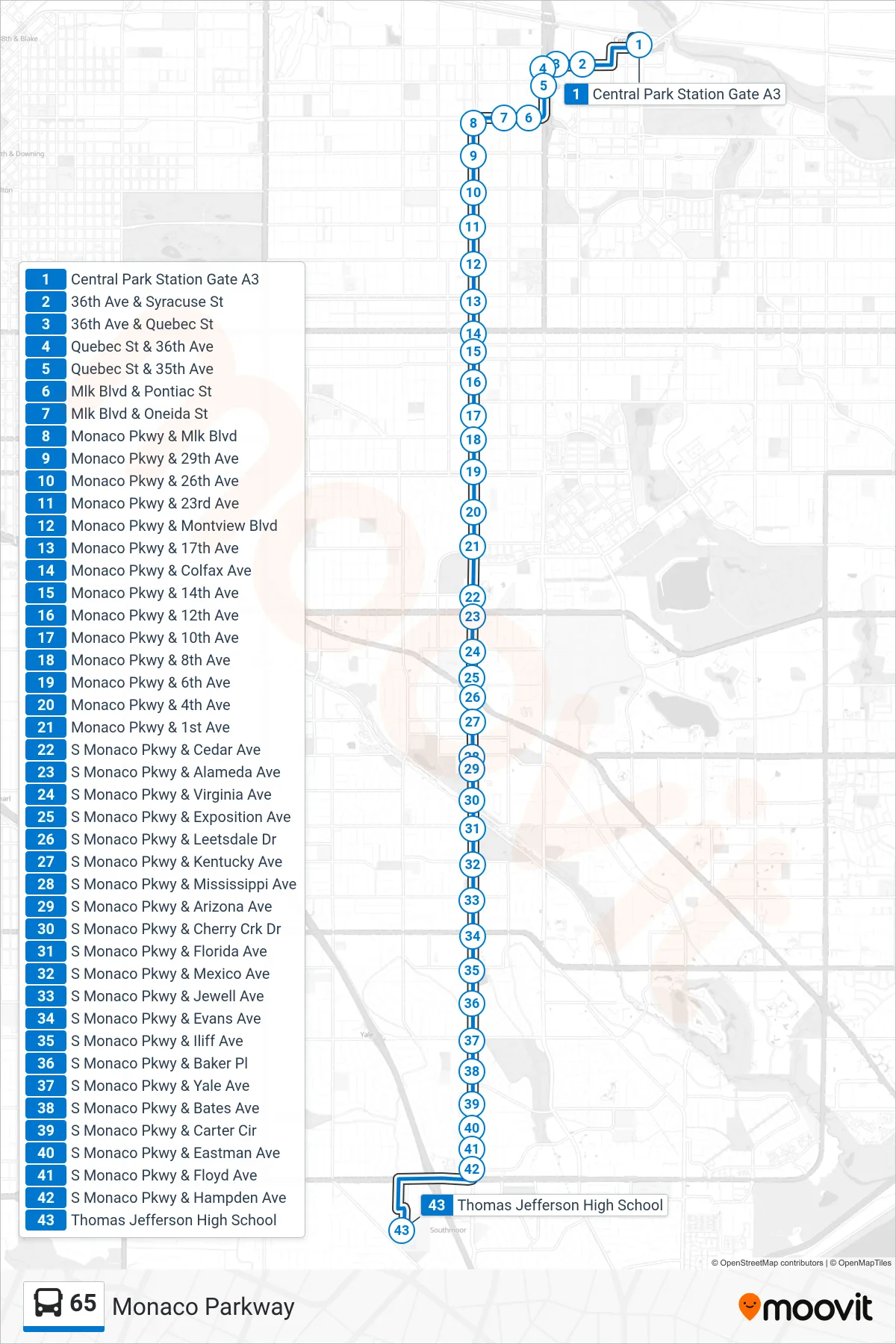 65 bus Line (Holly/Mansfield Via Monaco) route and stops on a map