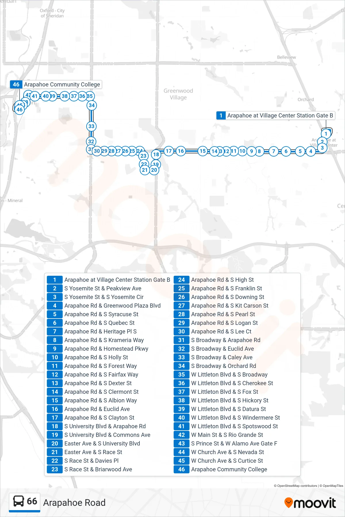 66 bus Line (Arapahoe Community College) route and stops on a map