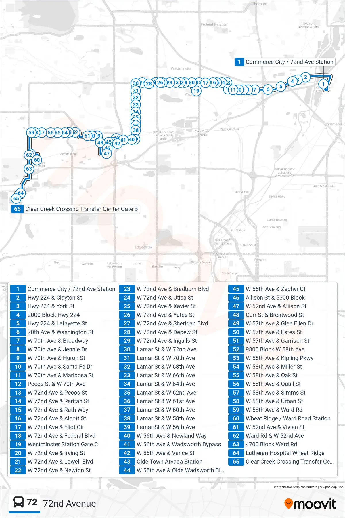 72 bus Line (Clear Creek Xing) route and stops on a map