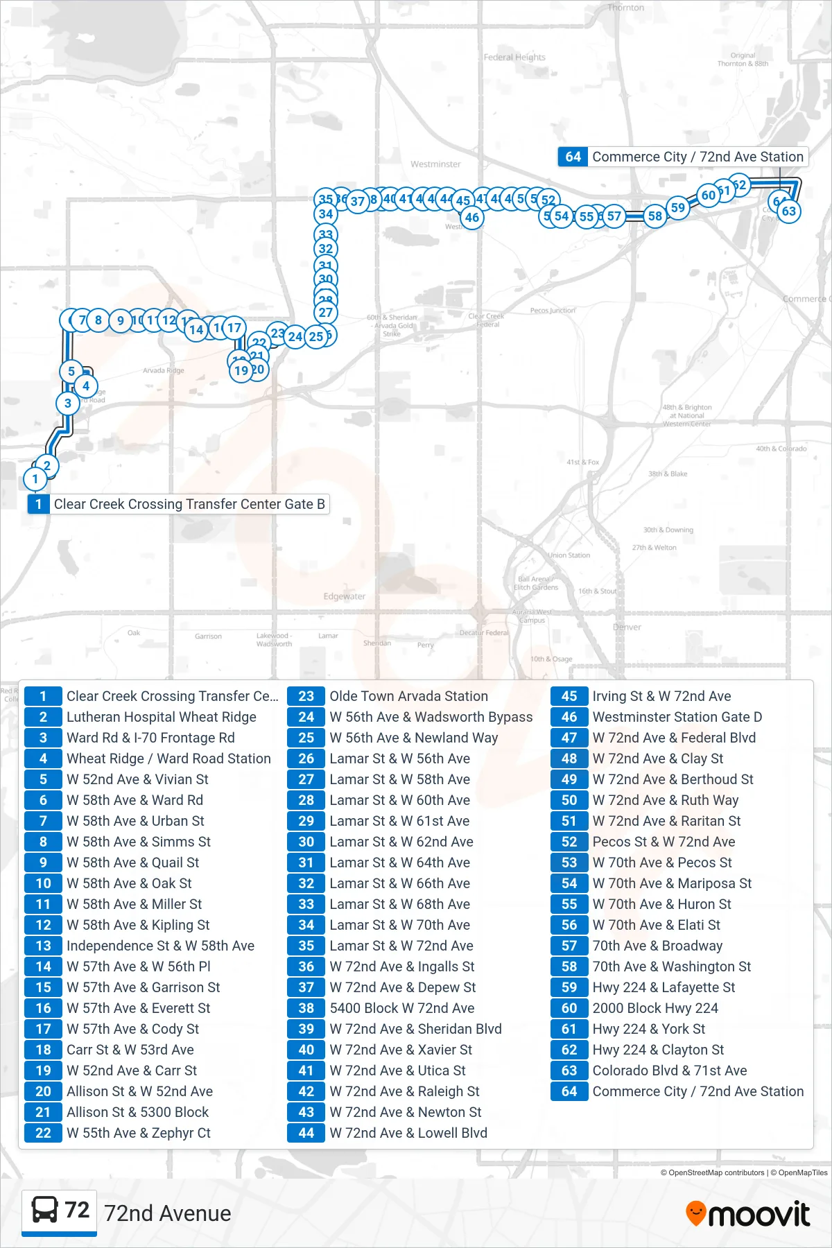 72 bus Line (Commerce City & 72nd Ave Stn Via Westminster Station) route and stops on a map