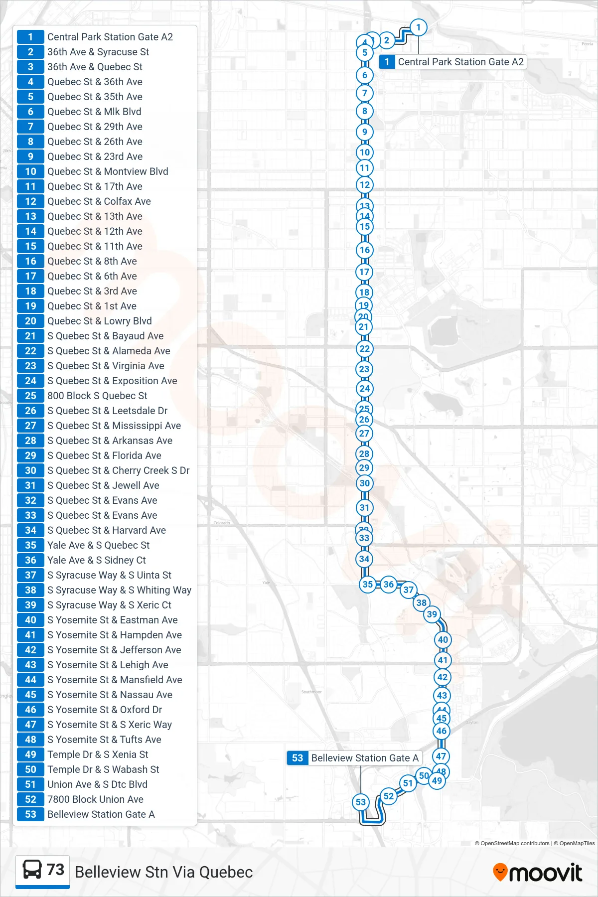 73 bus Line (Belleview Stn Via Quebec) route and stops on a map