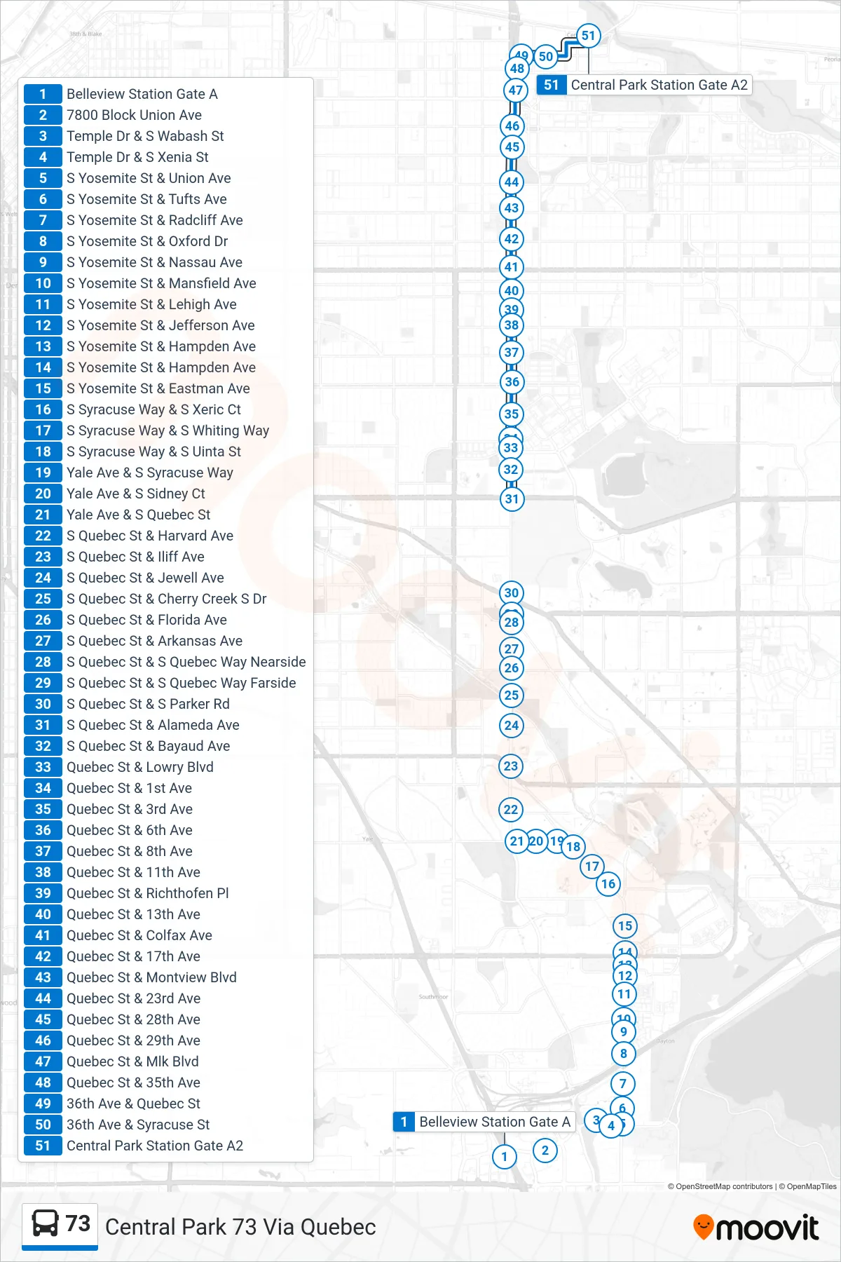 73 bus Line (Central Park 73 Via Quebec) route and stops on a map