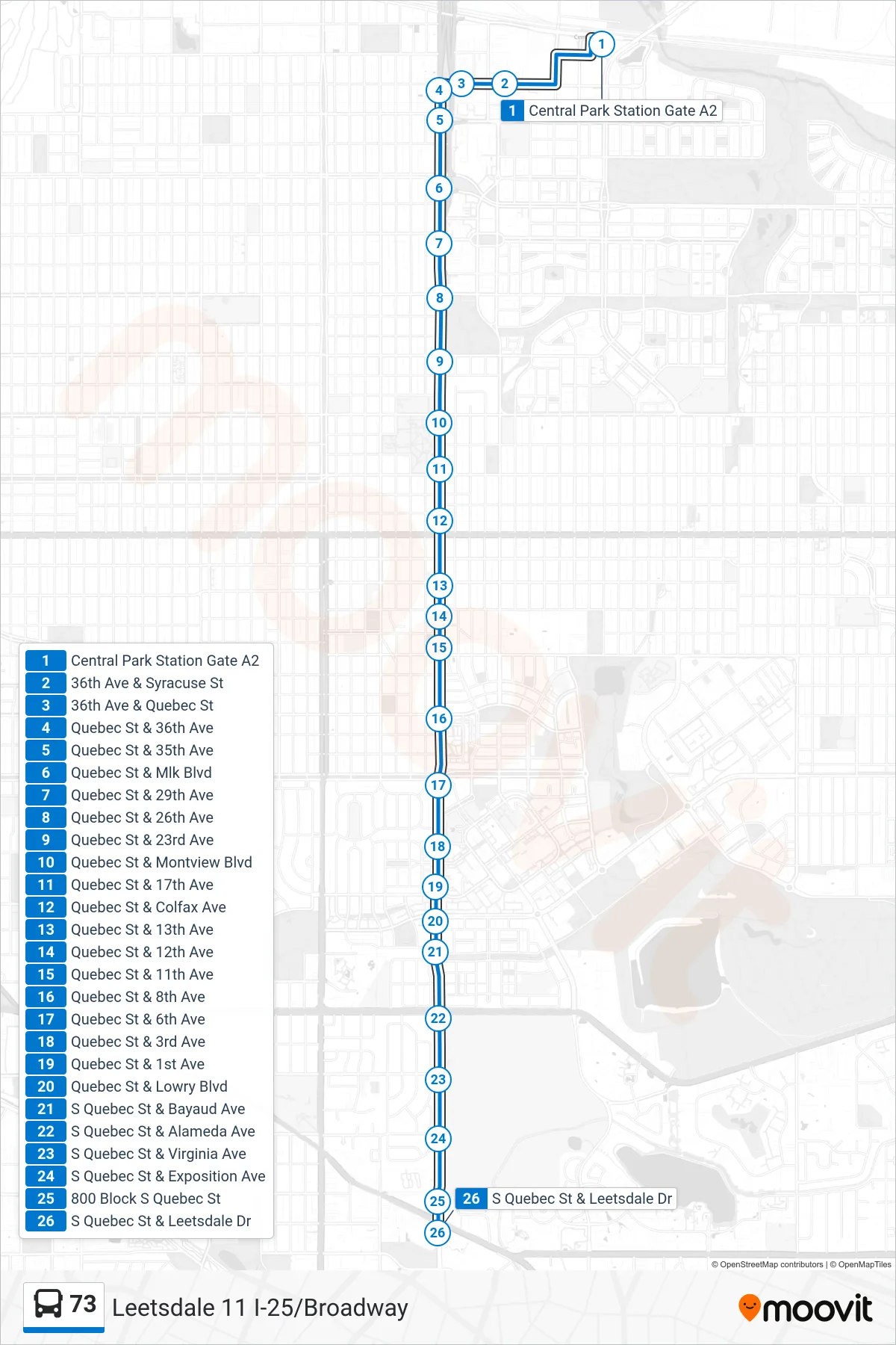 73 bus Line (Leetsdale 11 I-25/Broadway) route and stops on a map