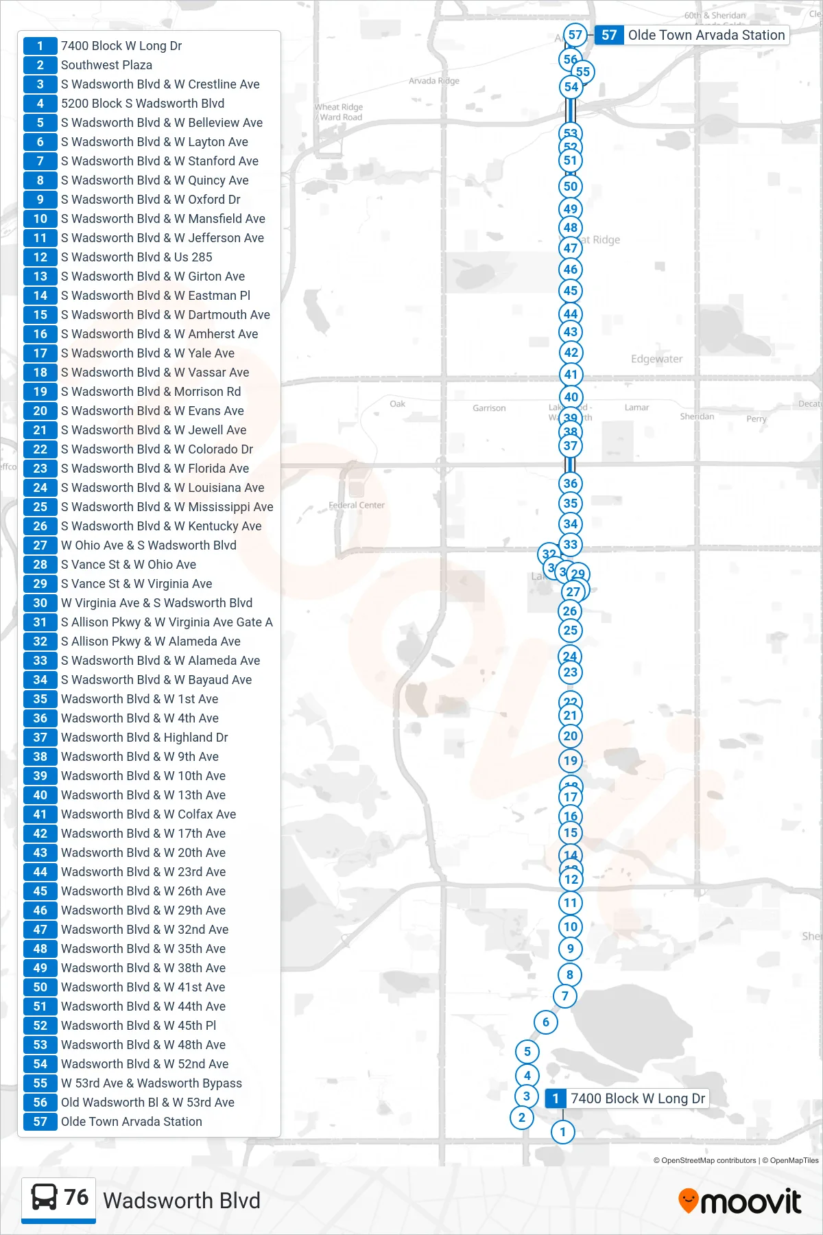 76 bus Line (Olde Town Arvada) route and stops on a map