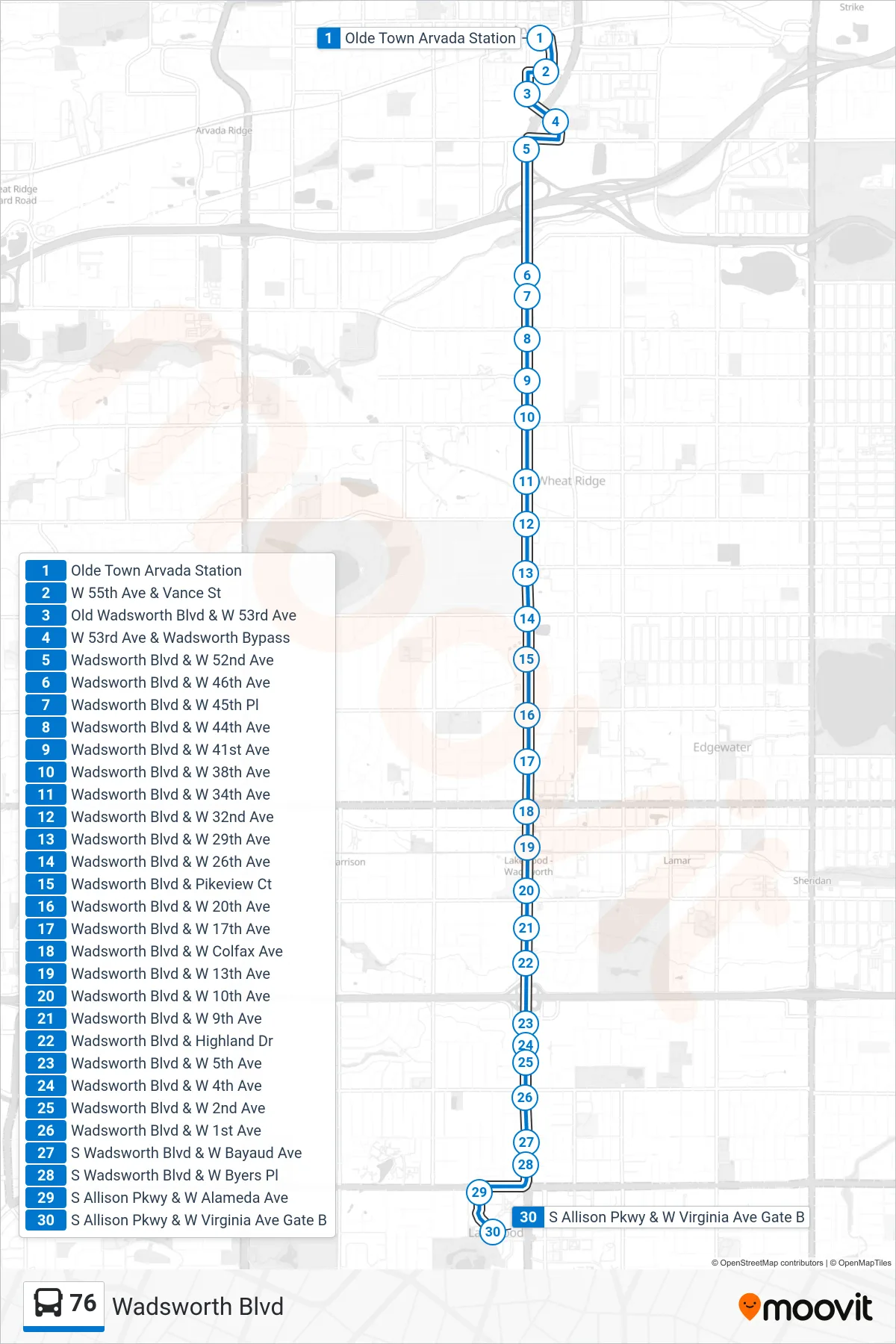 76 bus Line (Lakewood Commons) route and stops on a map