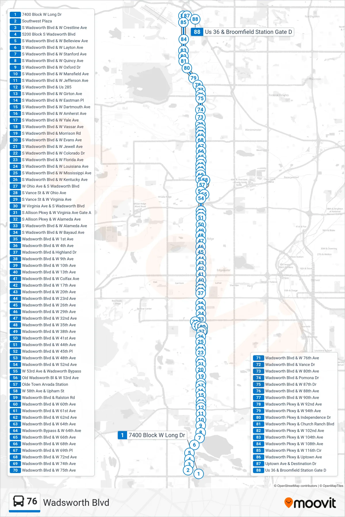 76 bus Line (Us36 & Bfld) route and stops on a map