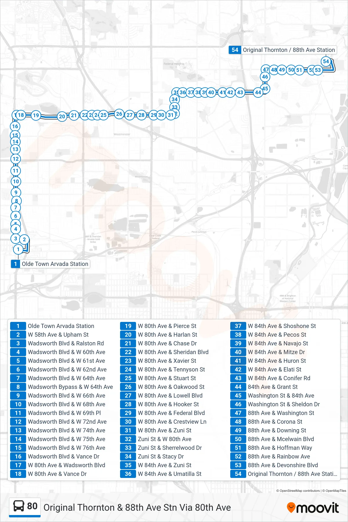 80 bus Line (Original Thornton & 88th Ave Stn Via 80th Ave) route and stops on a map