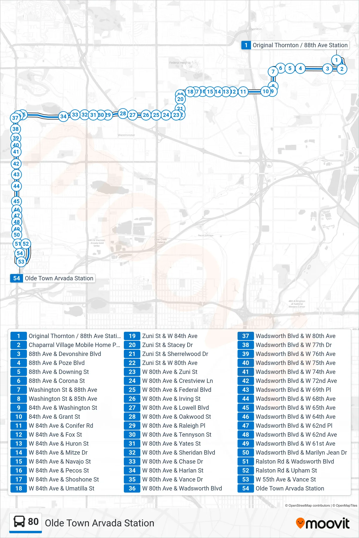 80 bus Line (Olde Town Arvada Station) route and stops on a map