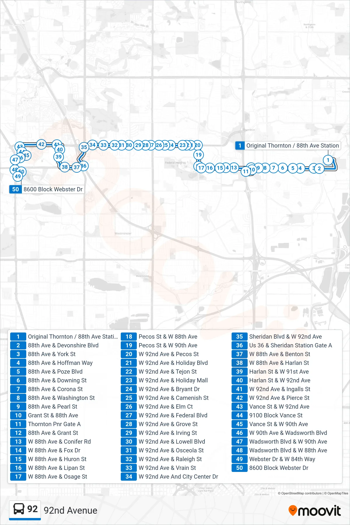 92 bus Line (Wadsworth/88th) route and stops on a map